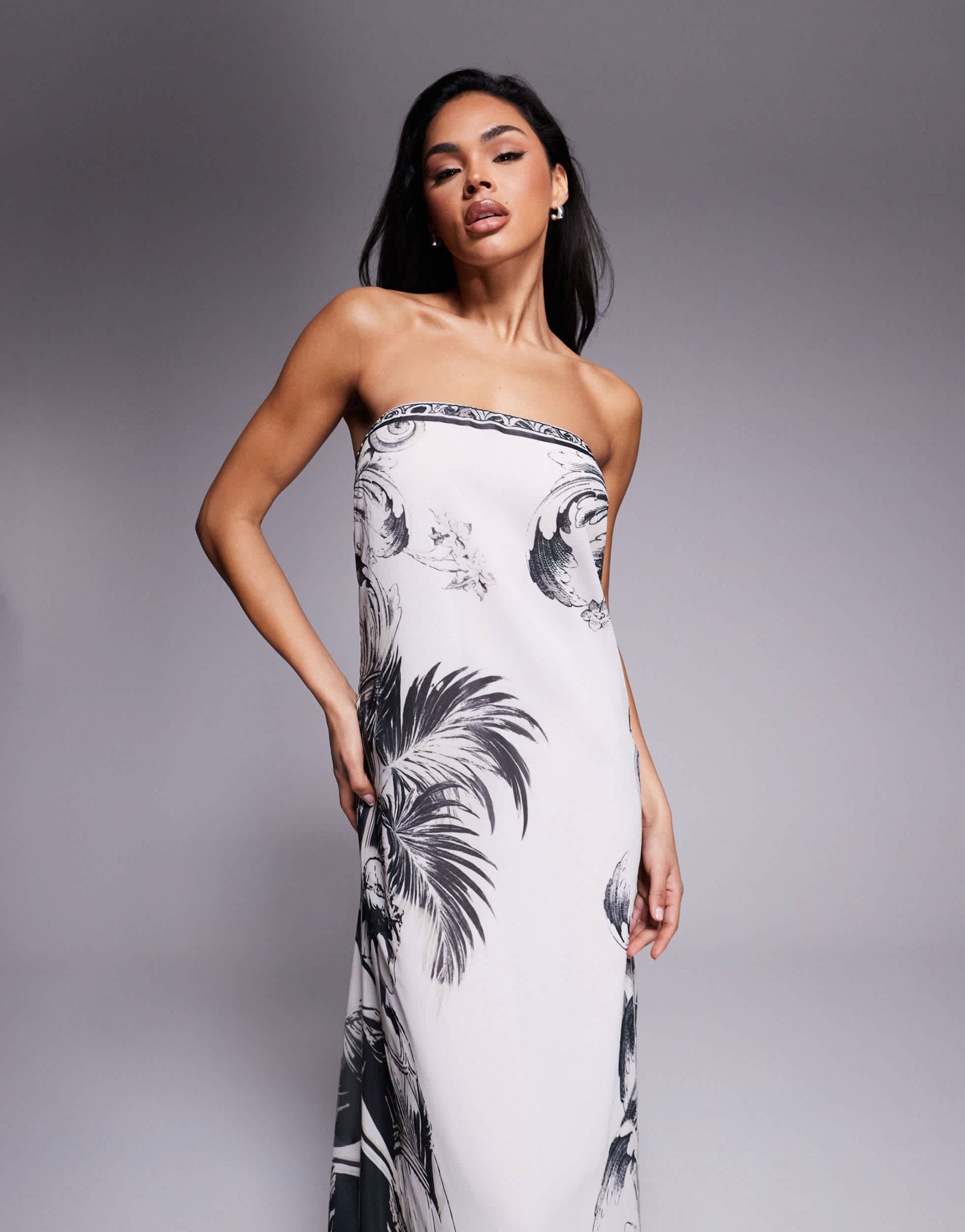 Murci exclusive chiffon bandeau trapeze maxi dress in black and white palm print - ASOS Sample Sale