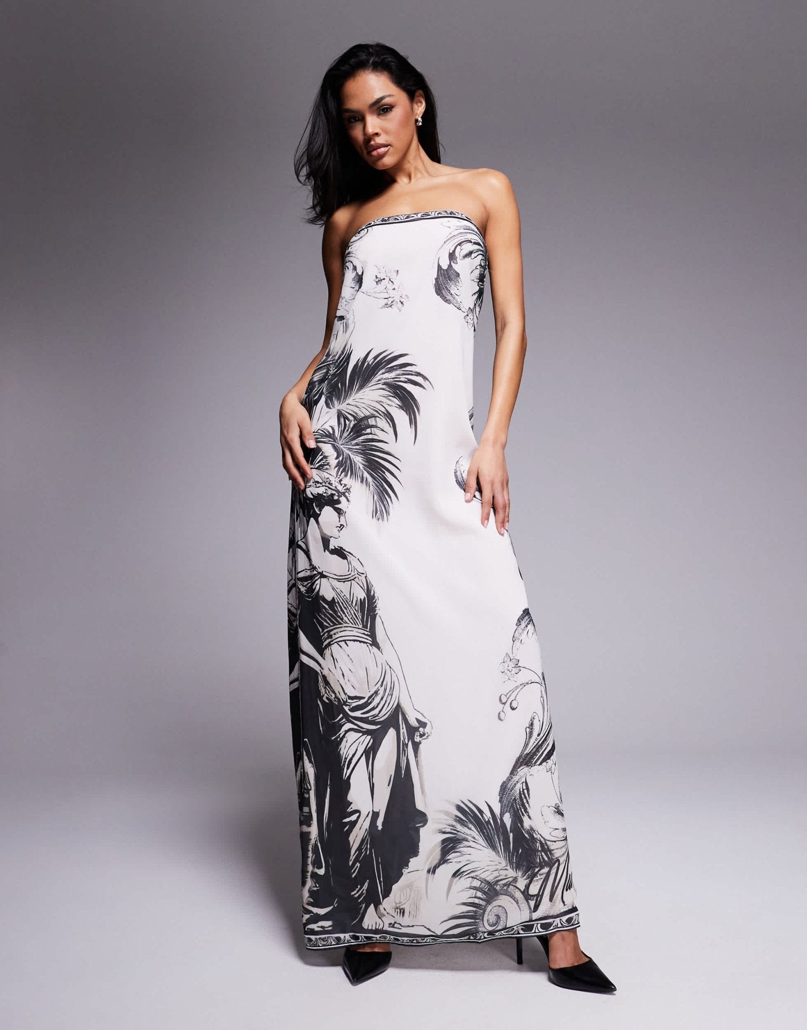 Murci exclusive chiffon bandeau trapeze maxi dress in black and white palm print - ASOS Sample Sale