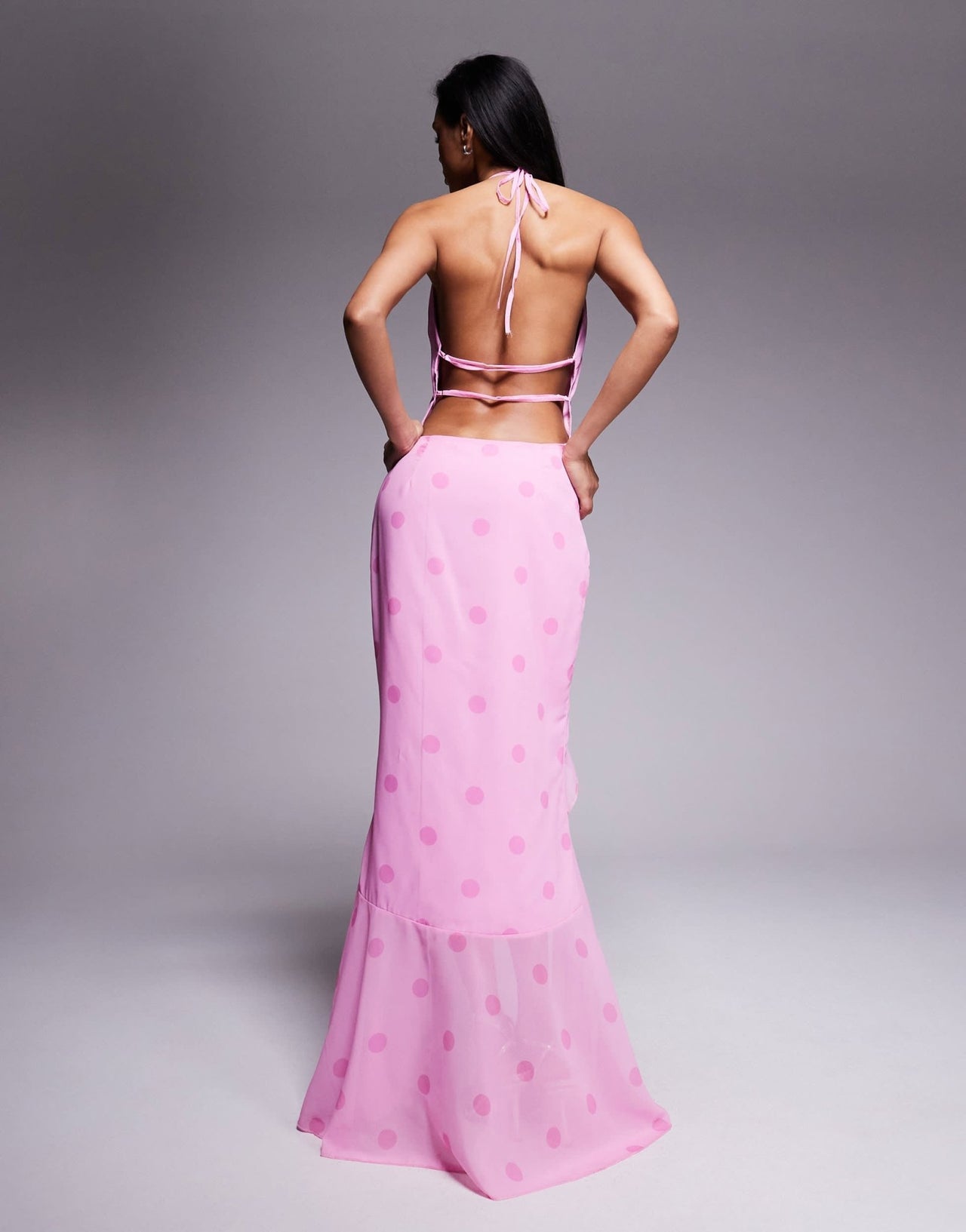 Murci exclusive halterneck deep plunge ruffle high low hem maxi dress in pink polka dot - ASOS Sample Sale