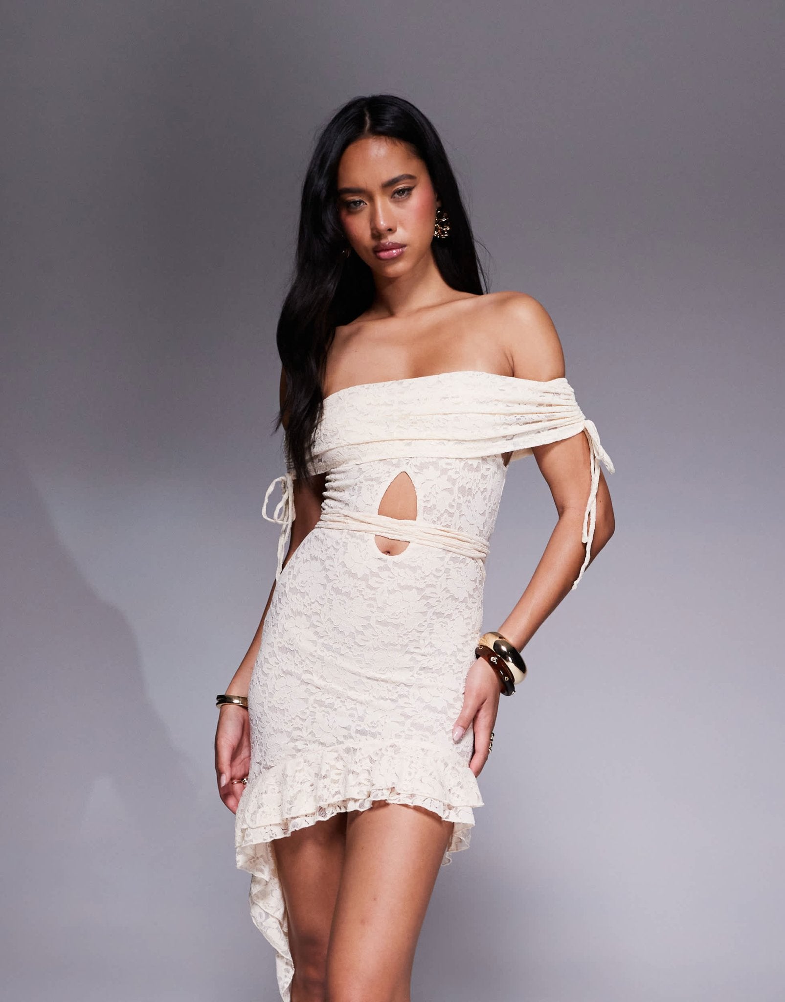 Murci exclusive lace deep bardot cut out asymmetric hem mini dress in buttercream - ASOS Sample Sale