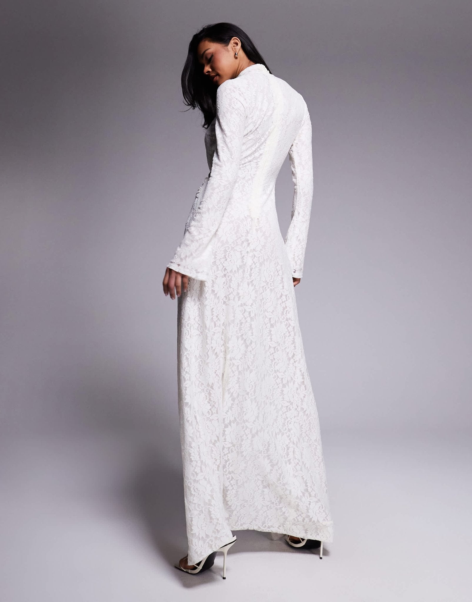 Murci exclusive lace high neck keyhole detail thigh split maxi dress in cream - ASOS Sample Sale