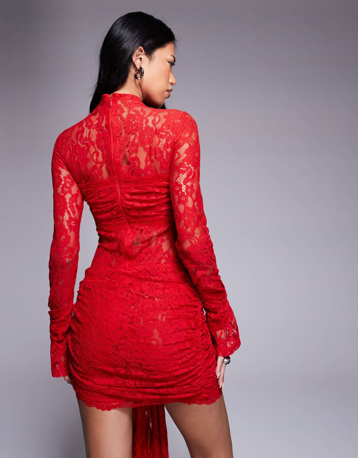 Murci exclusive lace high neck long sleeve diamante detail drape front mini dress in red - ASOS Sample Sale