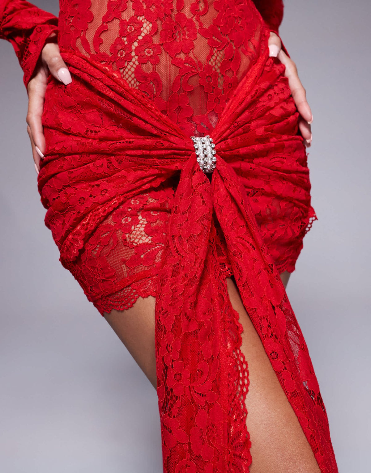 Murci exclusive lace high neck long sleeve diamante detail drape front mini dress in red - ASOS Sample Sale