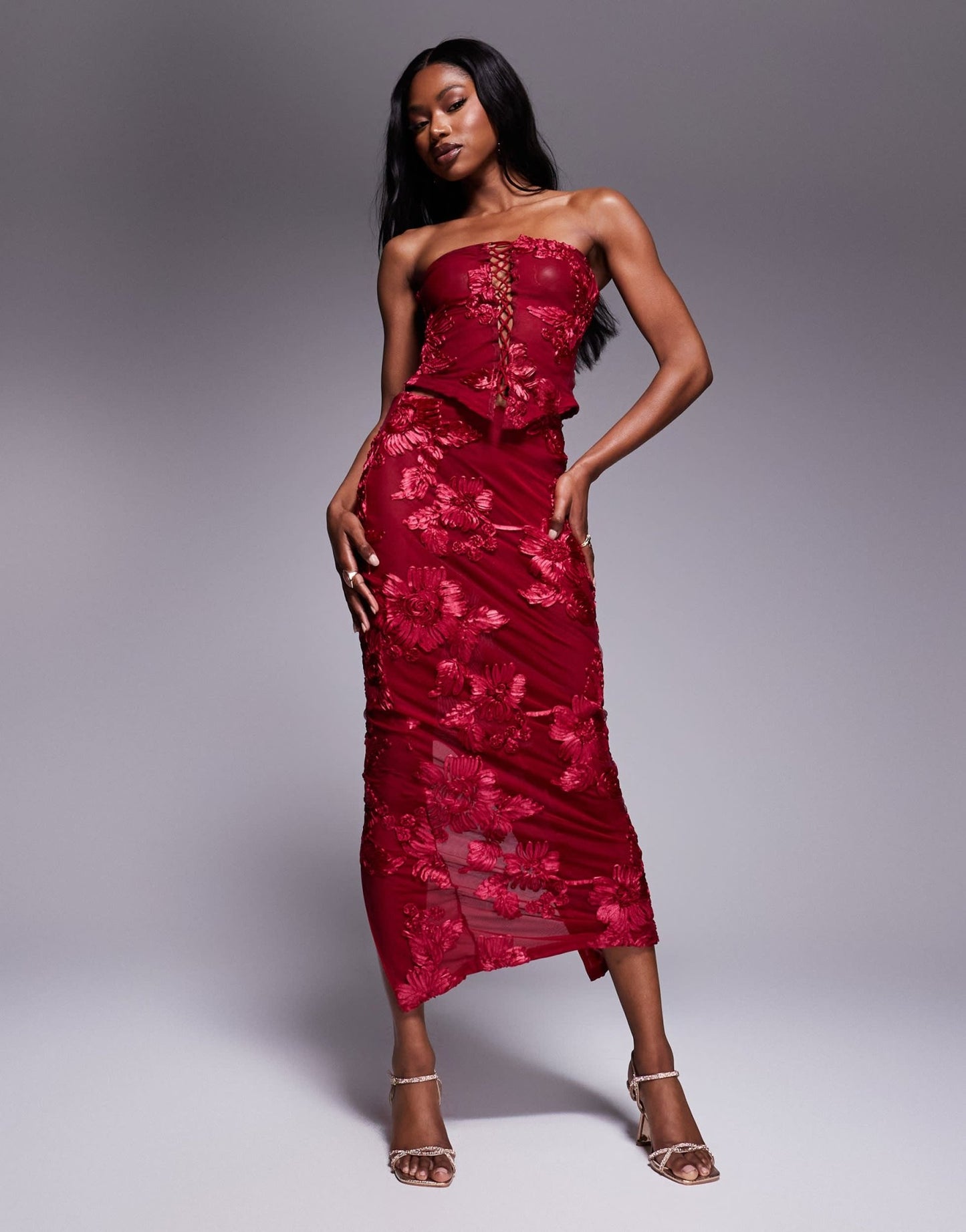 Murci exclusive mesh bandeau lace up top co - ord in textured red floral applique - ASOS Sample Sale