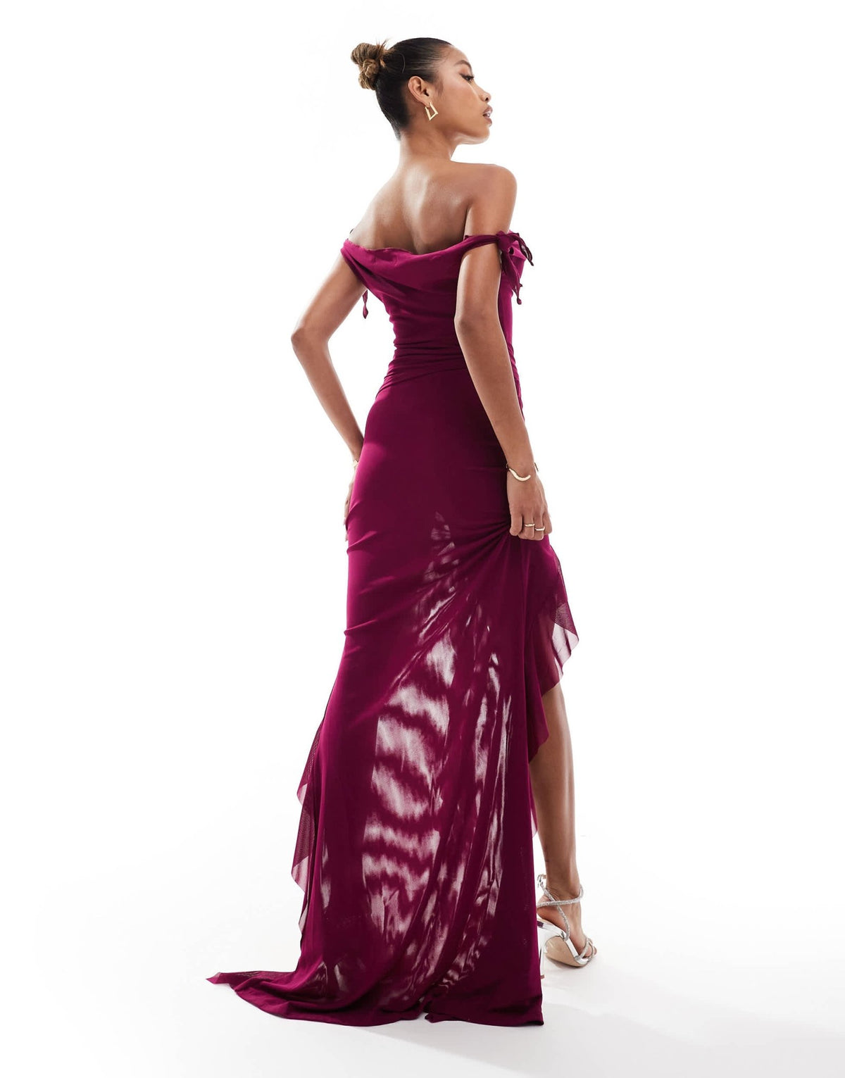 Murci exclusive mesh knot detail off shoulder top and ruffle maxi skirt set in purple - ASOS Sample Sale