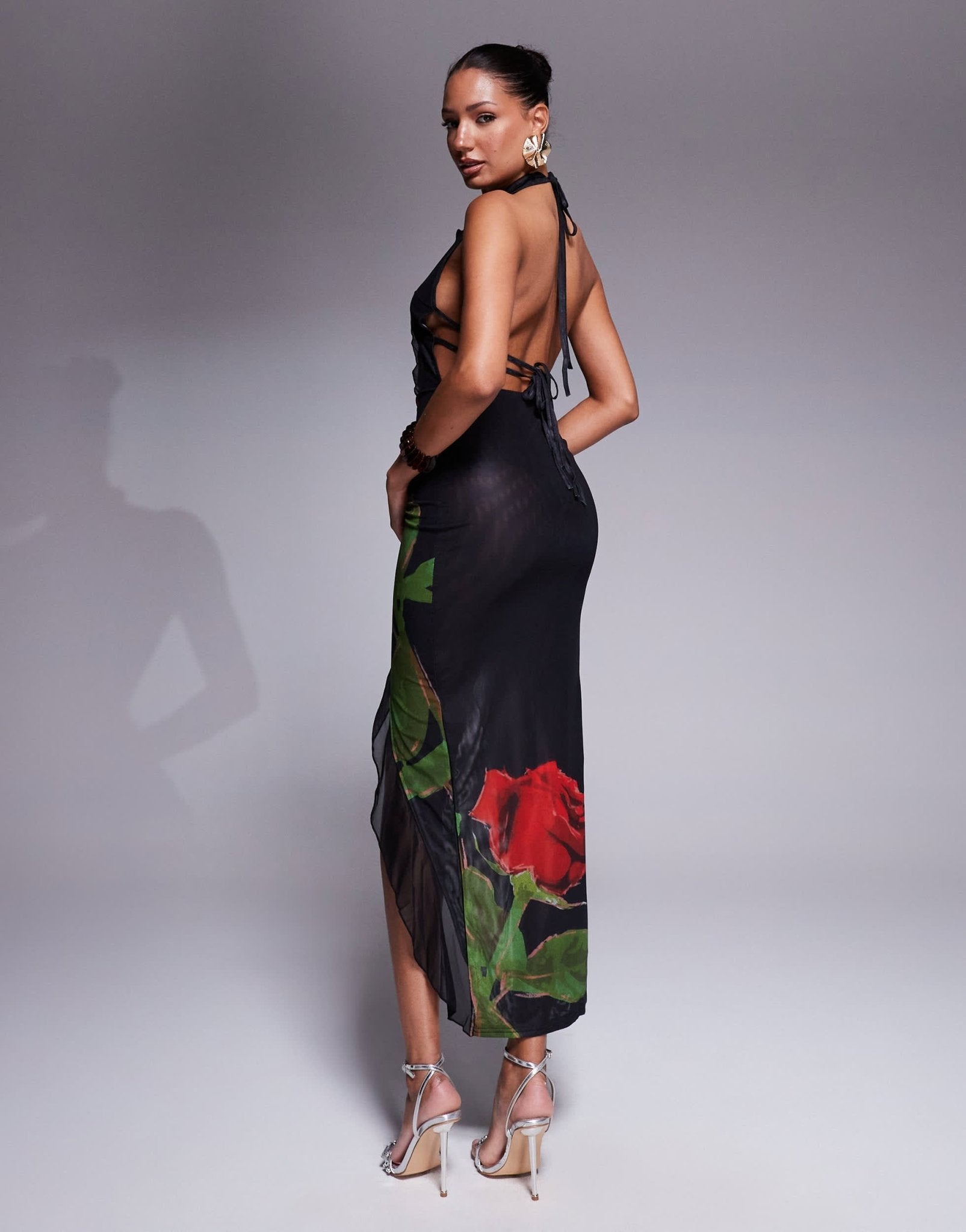 Murci exclusive mesh ruffle halterneck deep plunge front split maxi dress in black - ASOS Sample Sale