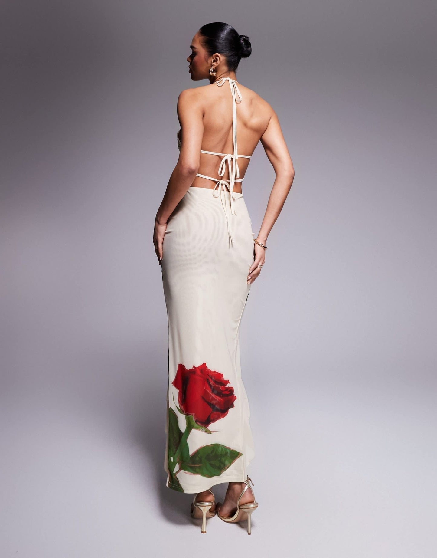 Murci exclusive mesh ruffle halterneck deep plunge front split open back maxi dress in cream rose print - ASOS Sample Sale