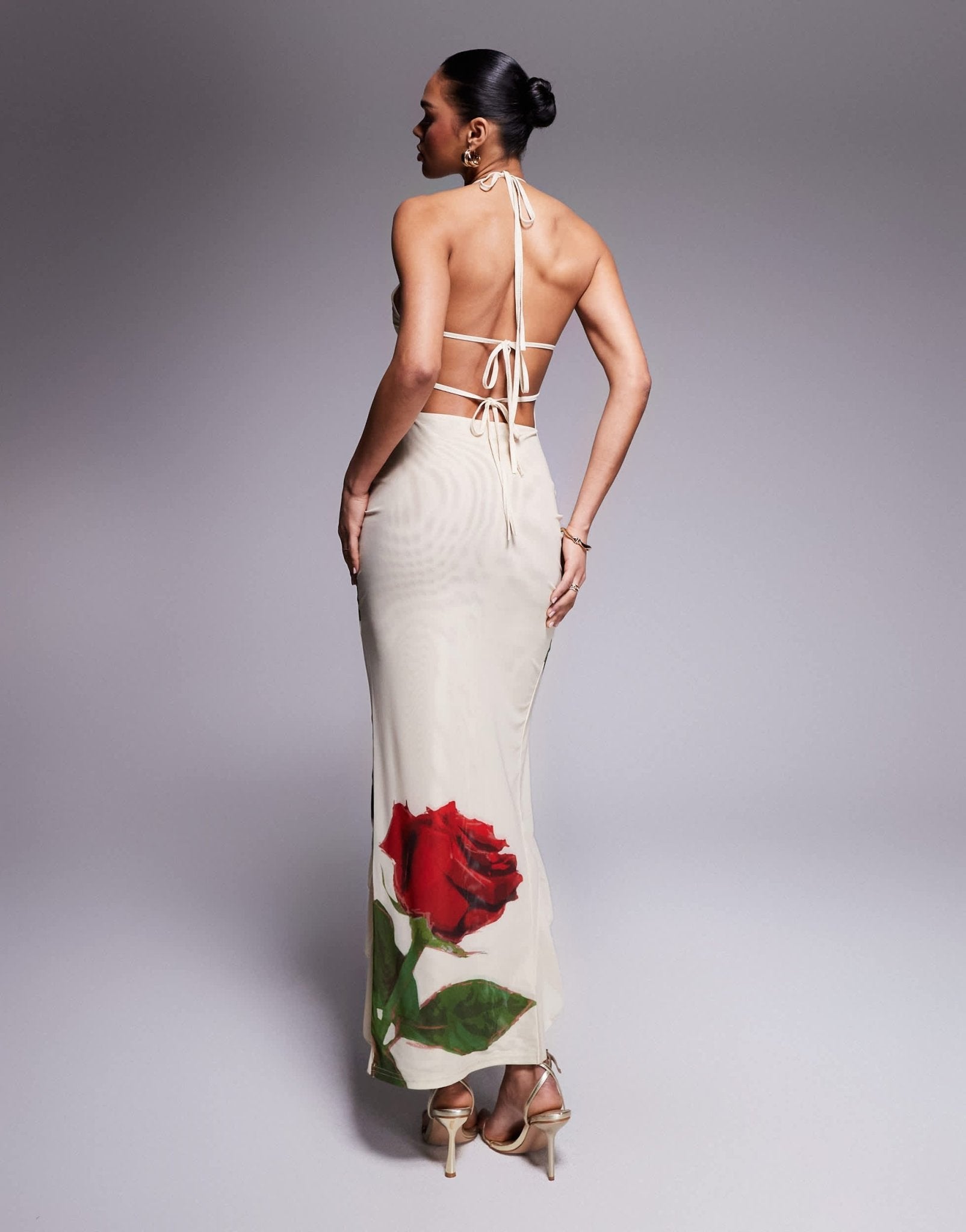 Murci exclusive mesh ruffle halterneck deep plunge front split open back maxi dress in cream rose print - ASOS Sample Sale