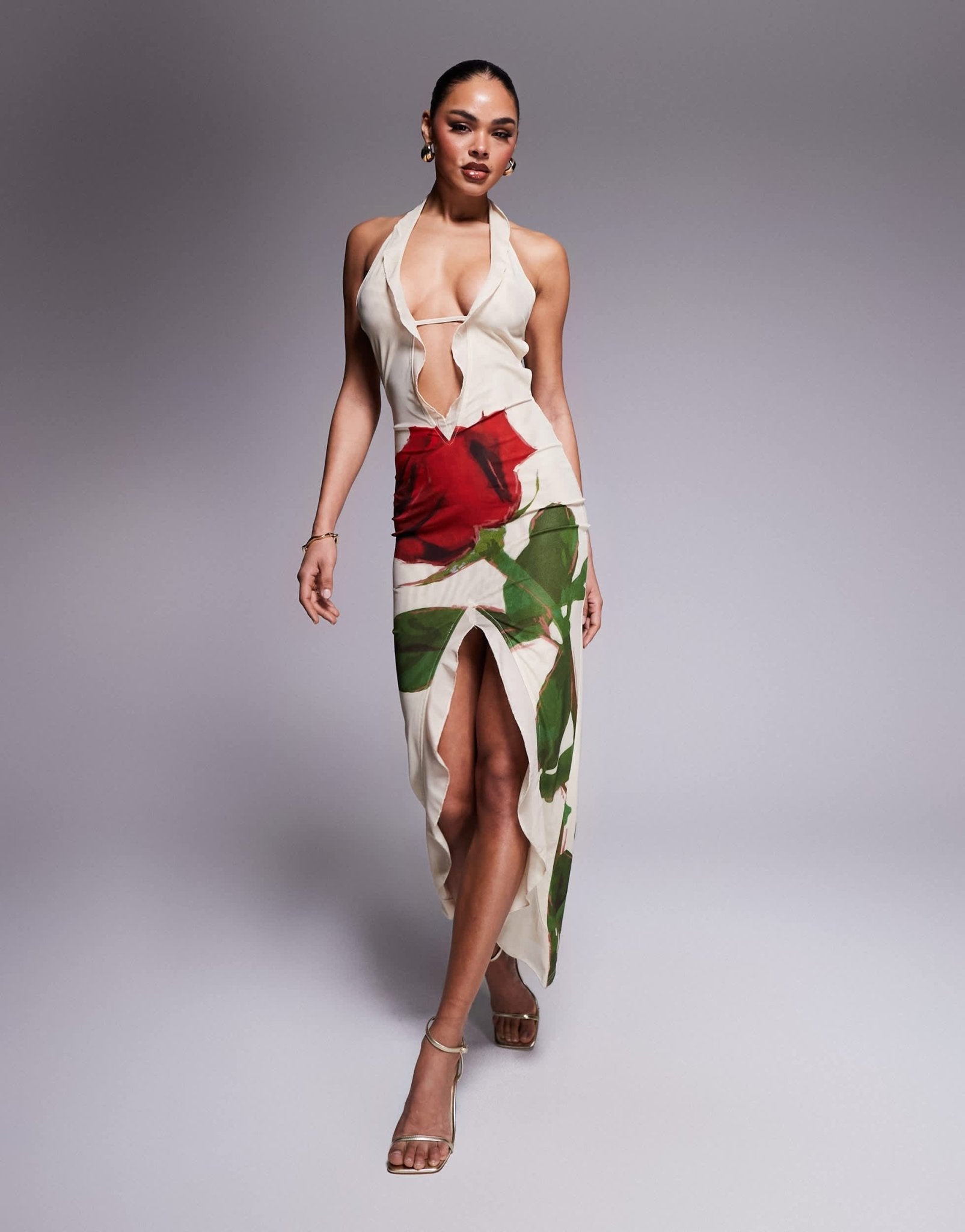 Murci exclusive mesh ruffle halterneck deep plunge front split open back maxi dress in cream rose print - ASOS Sample Sale