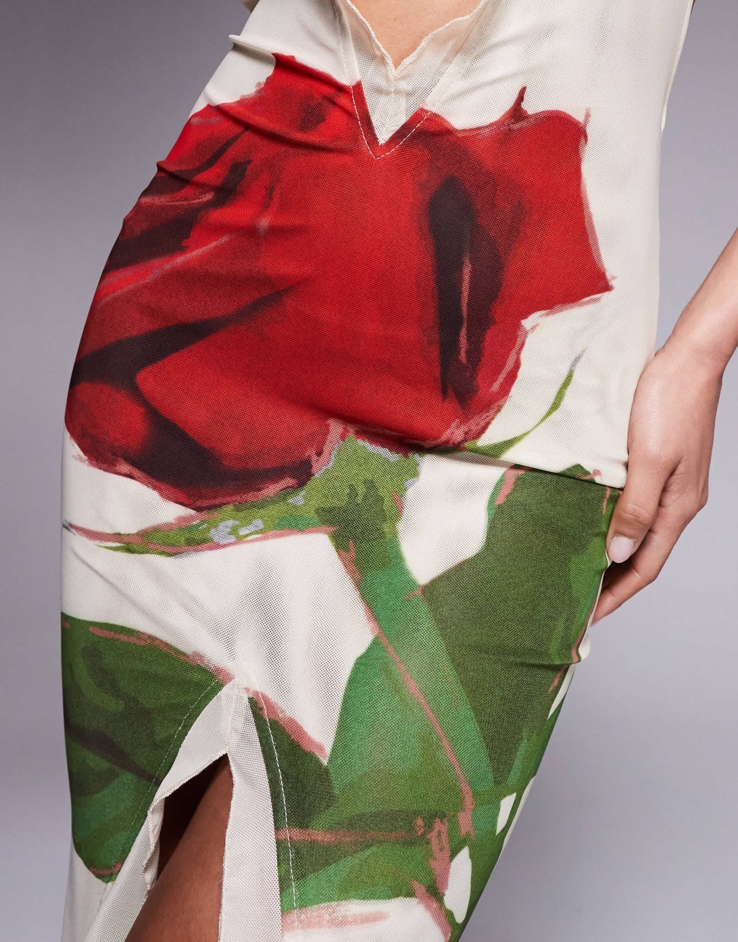 Murci exclusive mesh ruffle halterneck deep plunge front split open back maxi dress in cream rose print - ASOS Sample Sale
