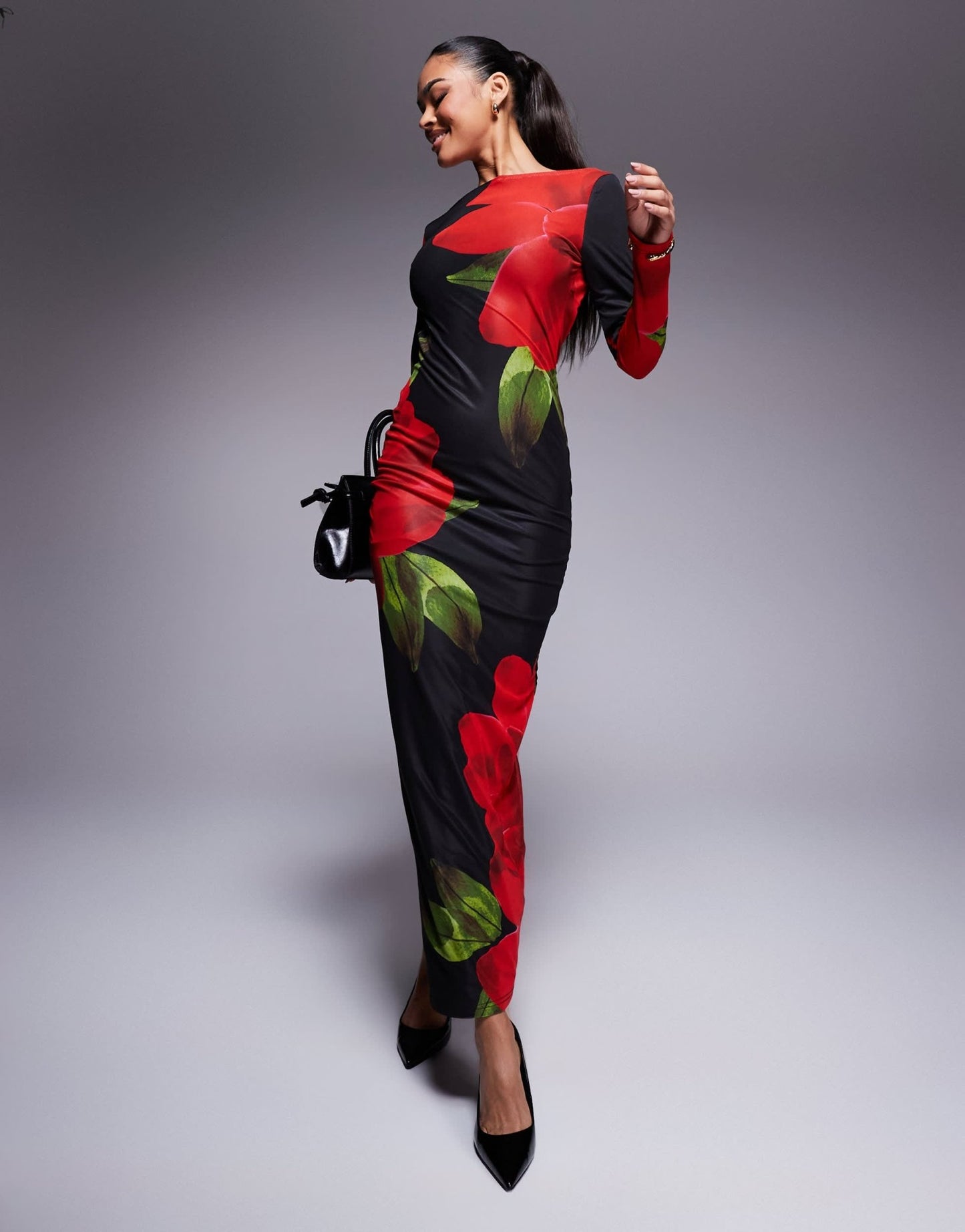 Murci exclusive mesh slash neck open back bodycon maxi dress in black and red flower print - ASOS Sample Sale