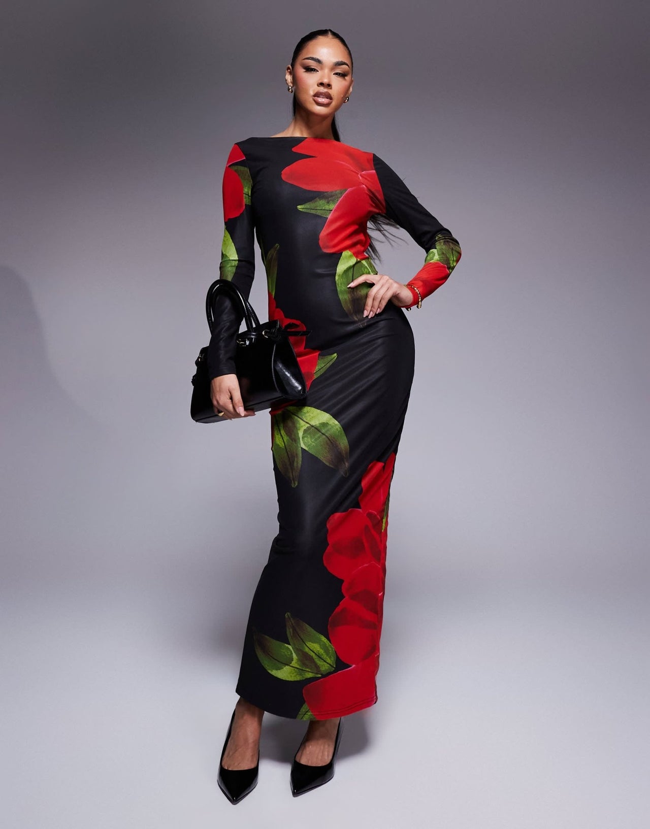 Murci exclusive mesh slash neck open back bodycon maxi dress in black and red flower print - ASOS Sample Sale