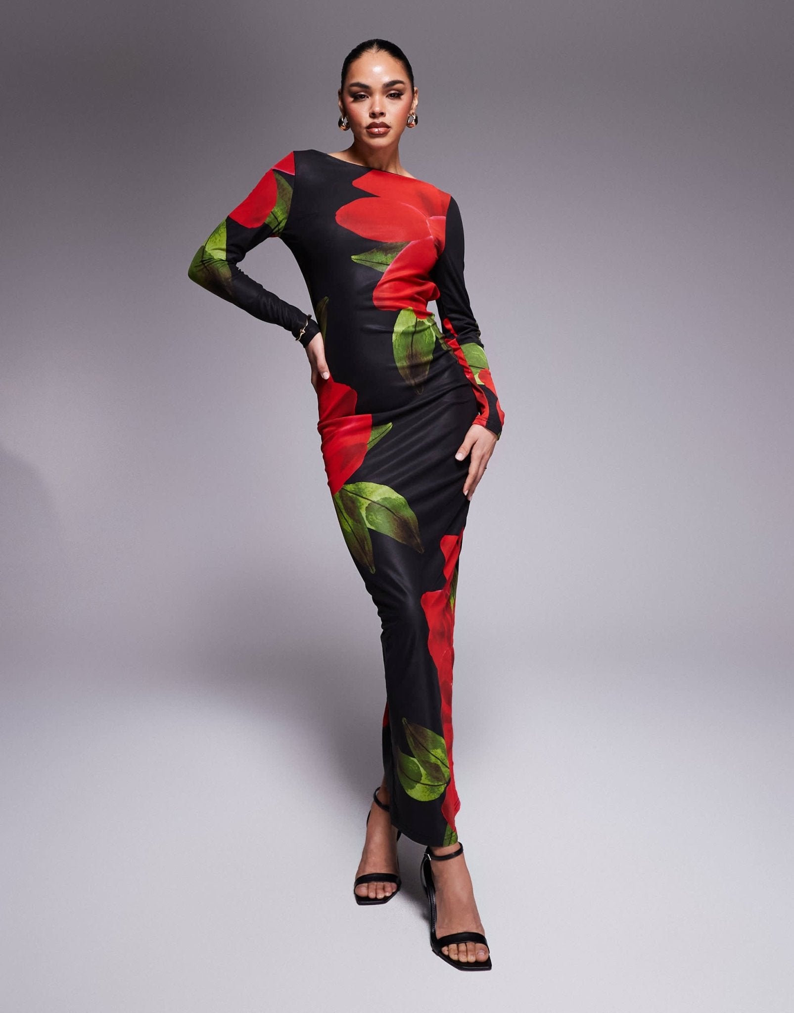 Murci exclusive mesh slash neck open back bodycon maxi dress in black and red flower print - ASOS Sample Sale