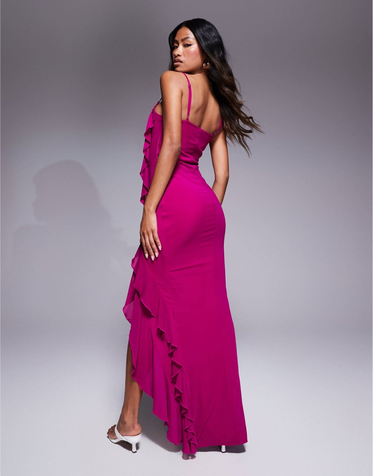 Murci exclusive ruffle detail cami front split maxi dress in dark pink - ASOS Sample Sale