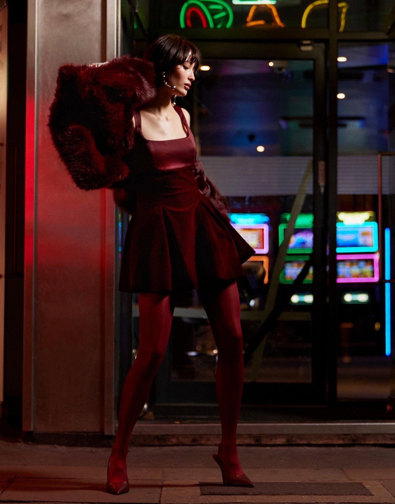 Murci exclusive velvet square neck flippy hem mini dress in burgundy - ASOS Sample Sale