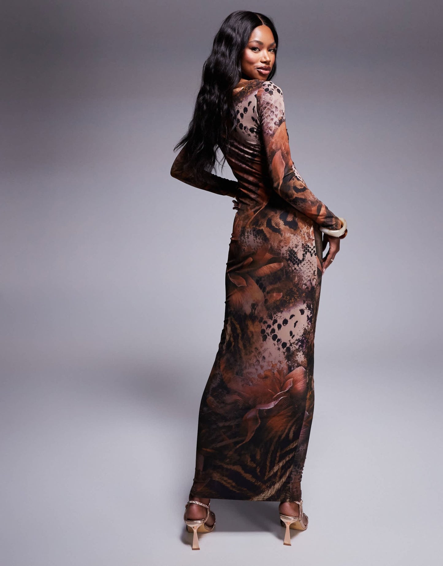 Murci mesh long sleeve maxi dress in brown snake print - ASOS Sample Sale