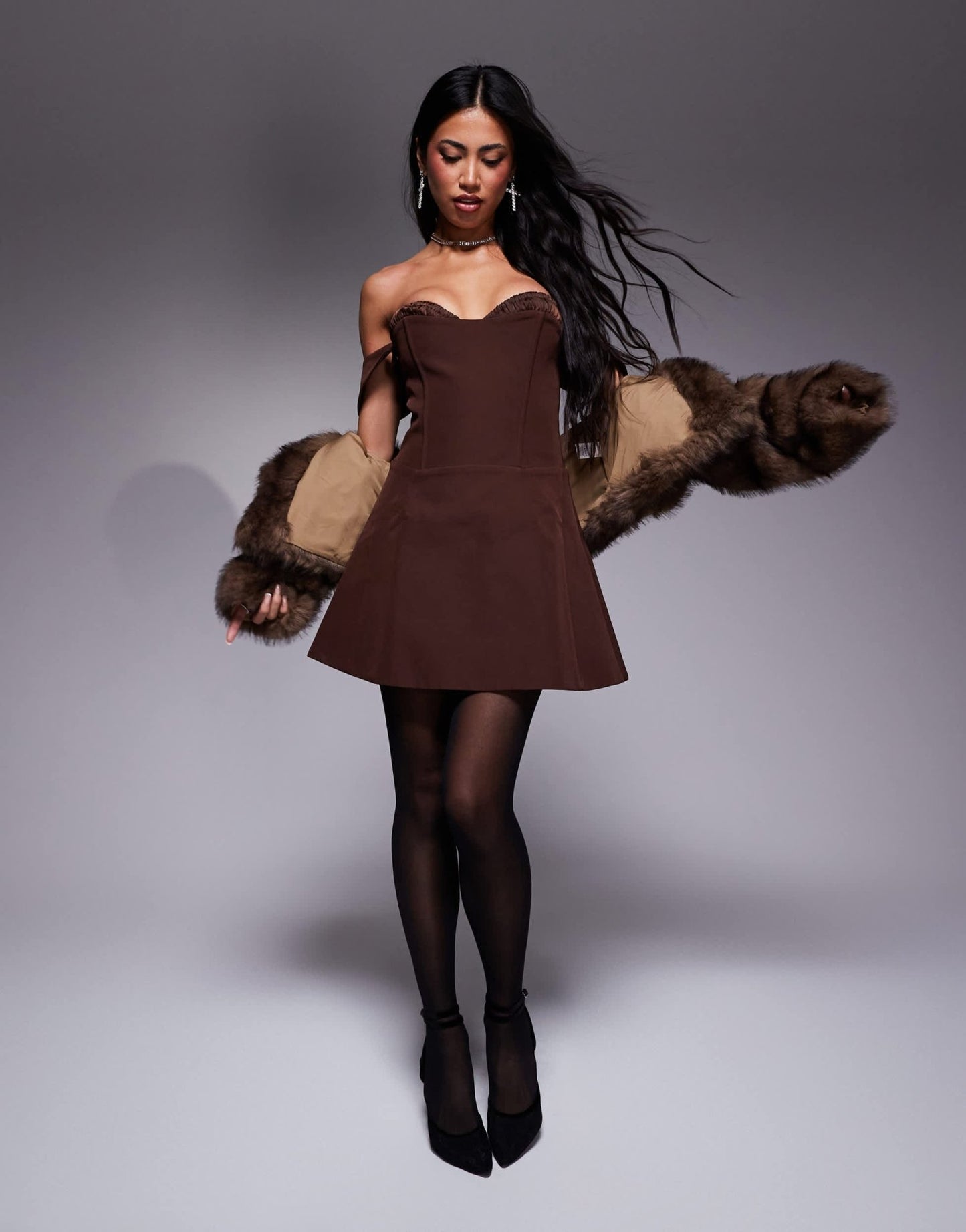 Murci shirred bust detail corset bardot lace up back mini dress in chocolate brown - ASOS Sample Sale