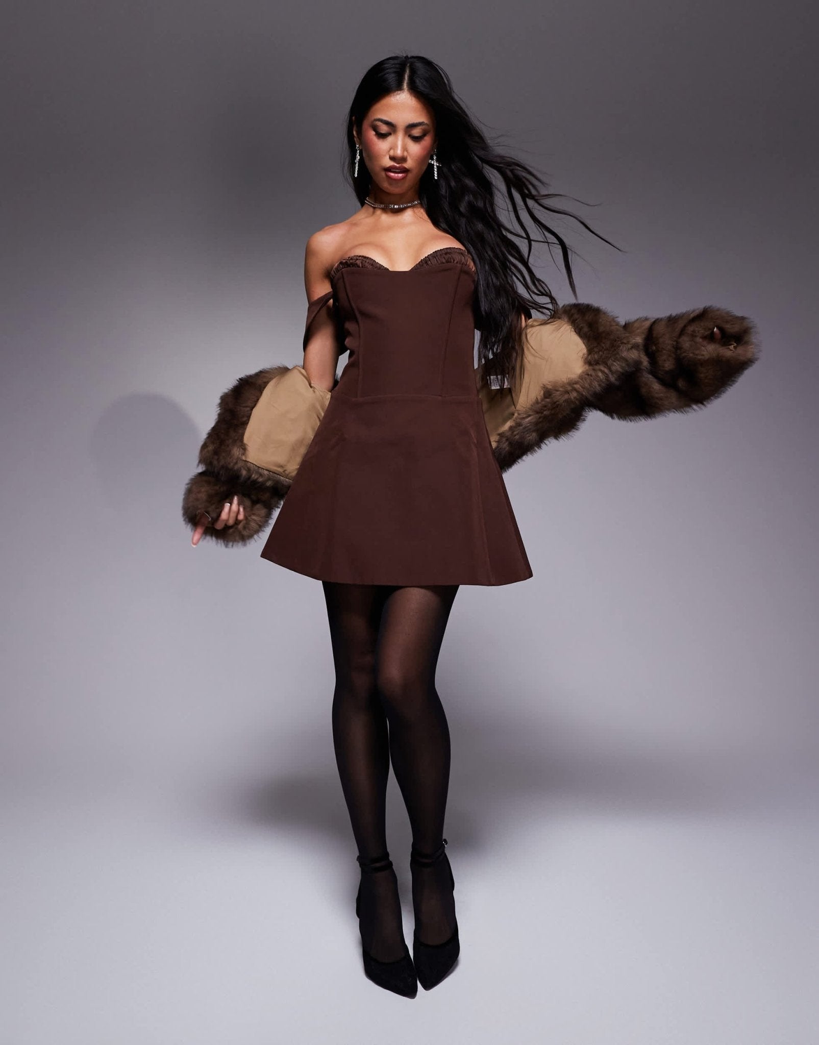 Murci shirred bust detail corset bardot lace up back mini dress in chocolate brown - ASOS Sample Sale