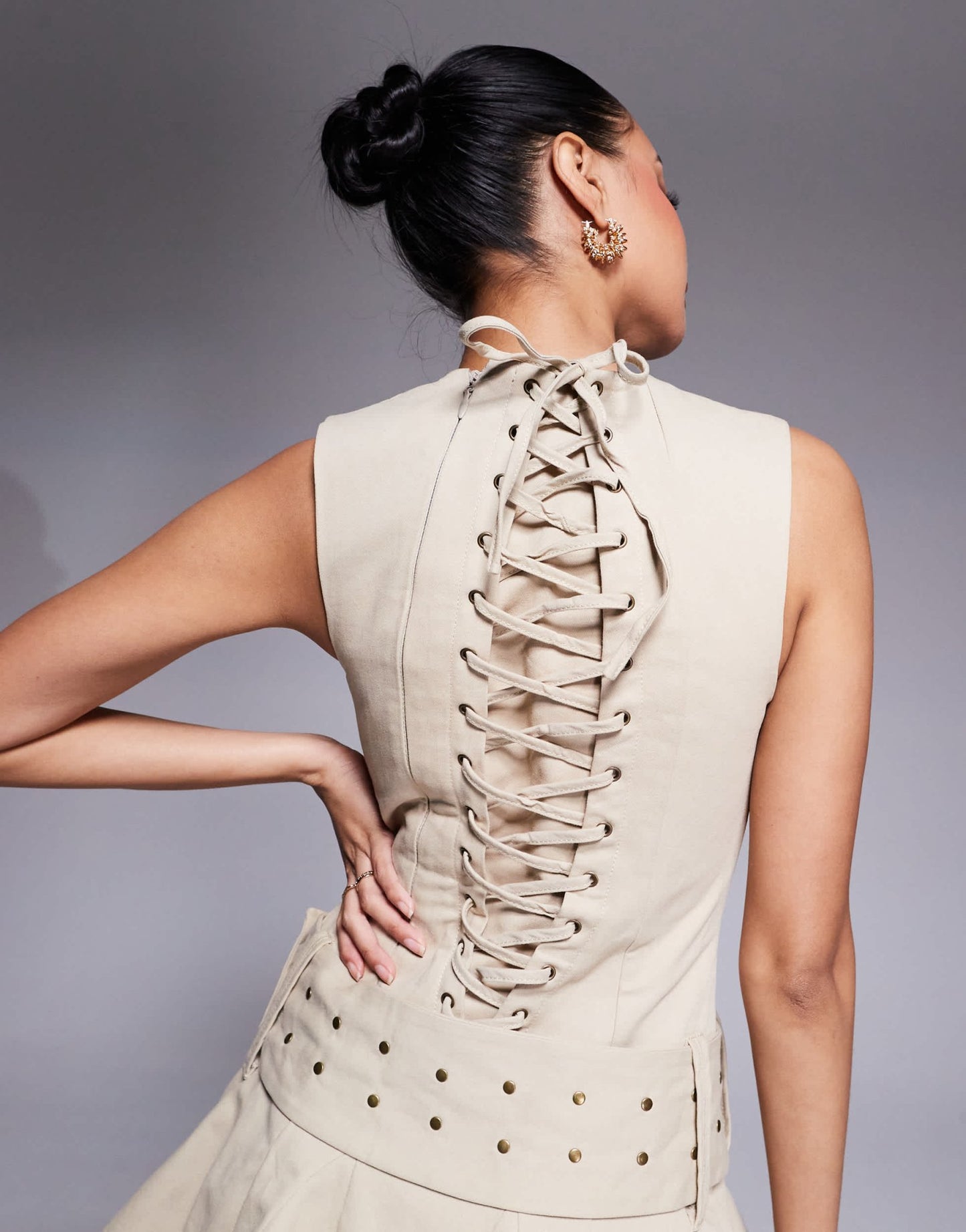 Murci structured sleeveless lace up back belted flippy hem mini dress in sand - ASOS Sample Sale