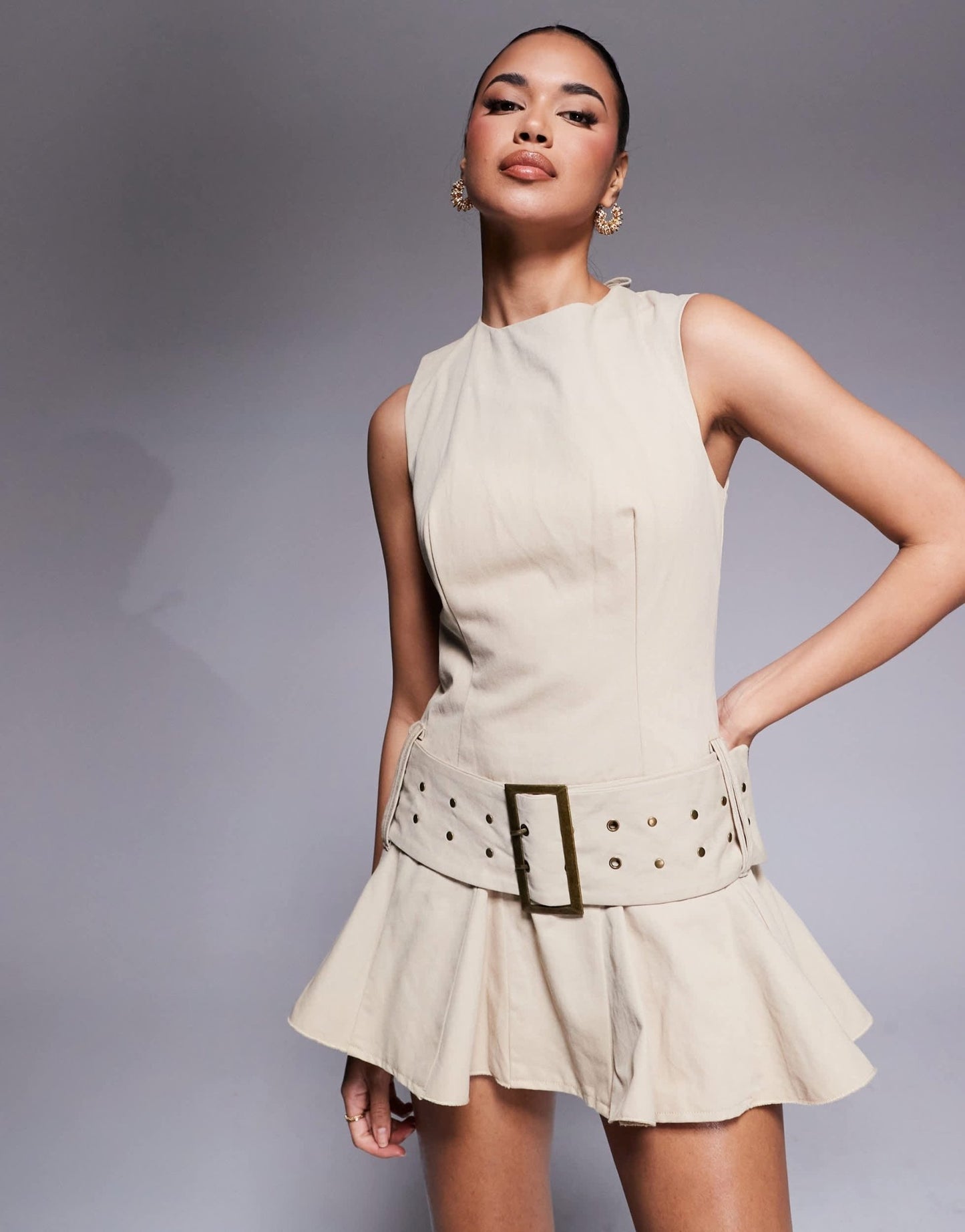 Murci structured sleeveless lace up back belted flippy hem mini dress in sand - ASOS Sample Sale