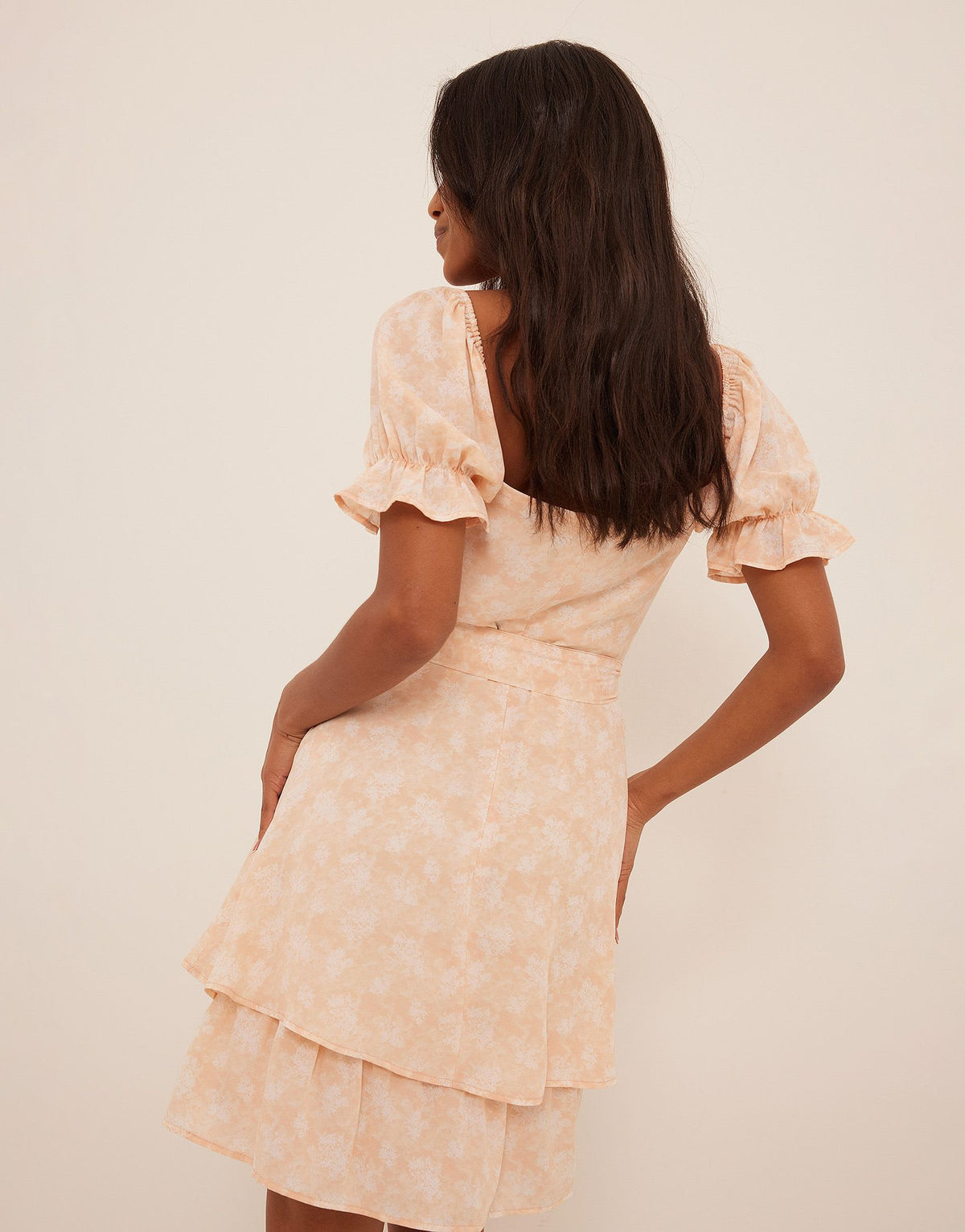 NA-KD bardot tiered mini dress in light pink floral print - ASOS Sample Sale