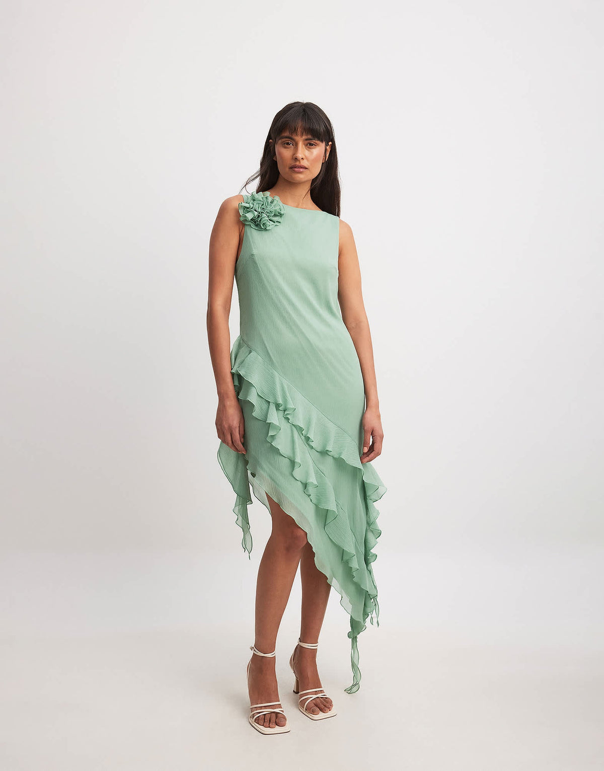 NA-KD chiffon ruffle detial midi dress in green - ASOS Sample Sale