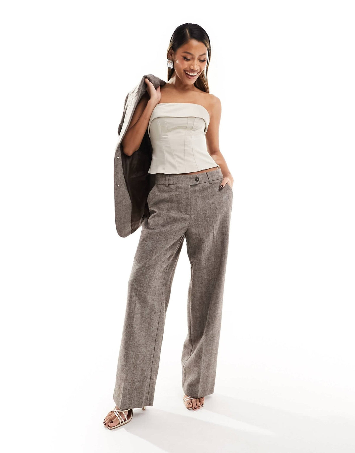 NA-KD co-ord herringbone straight trousers in dark beige - ASOS Sample Sale