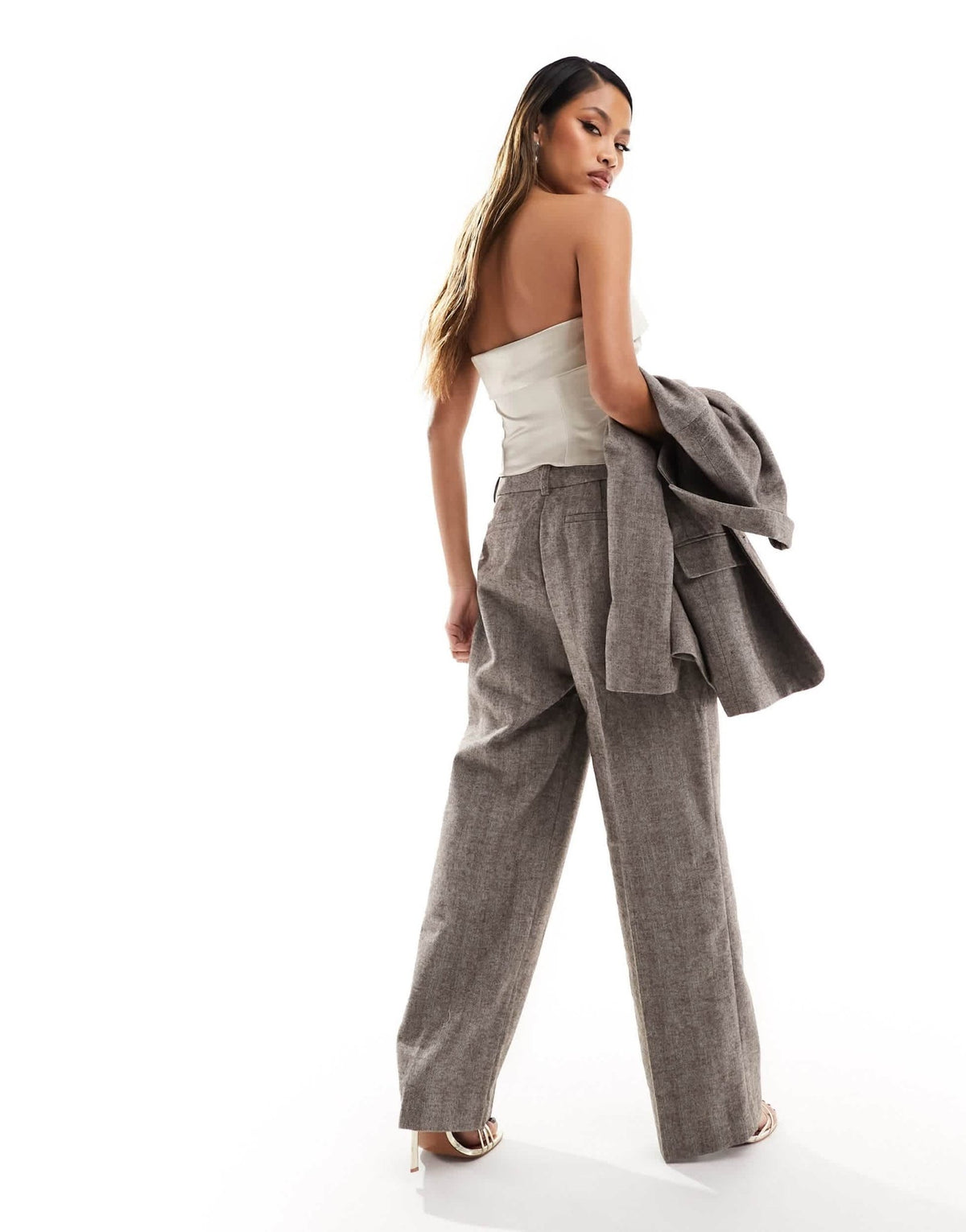 NA-KD co-ord herringbone straight trousers in dark beige - ASOS Sample Sale