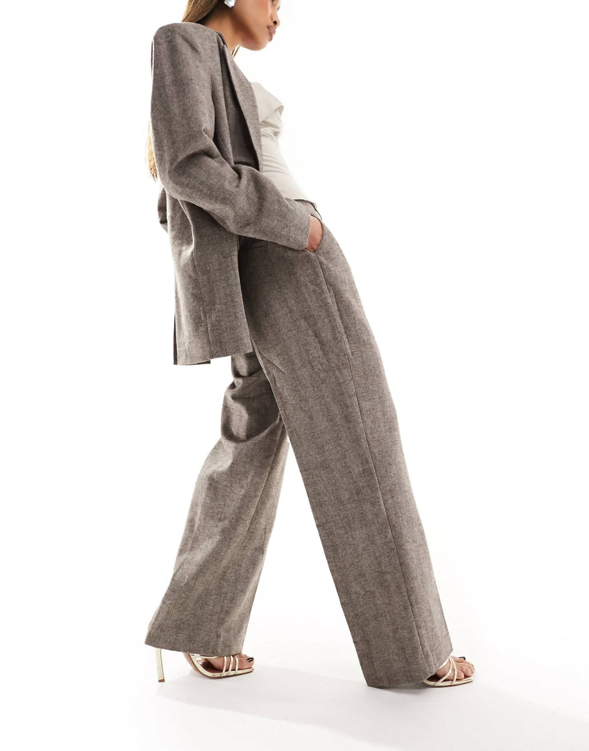 NA-KD co-ord herringbone straight trousers in dark beige - ASOS Sample Sale