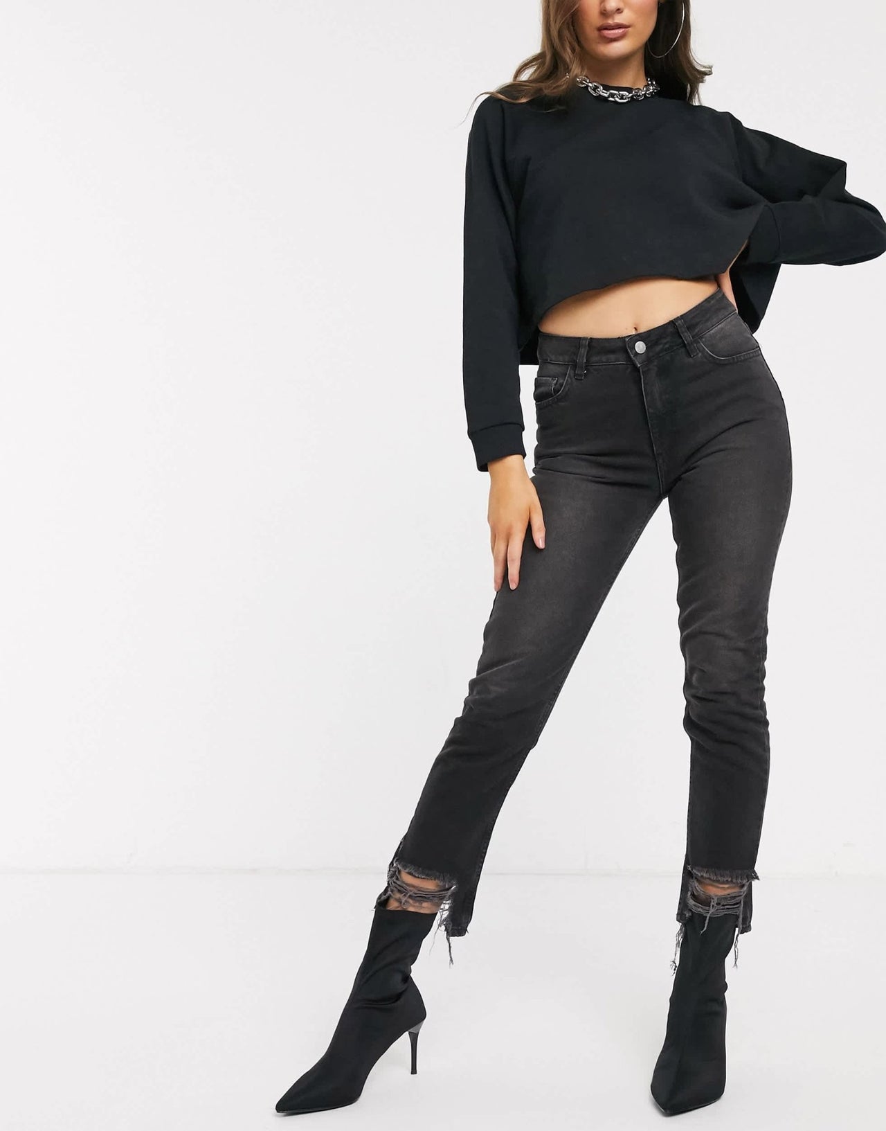 NA - KD high waist 5 pocket straight leg jeans with raw hem in grey - ASOS Sample Sale