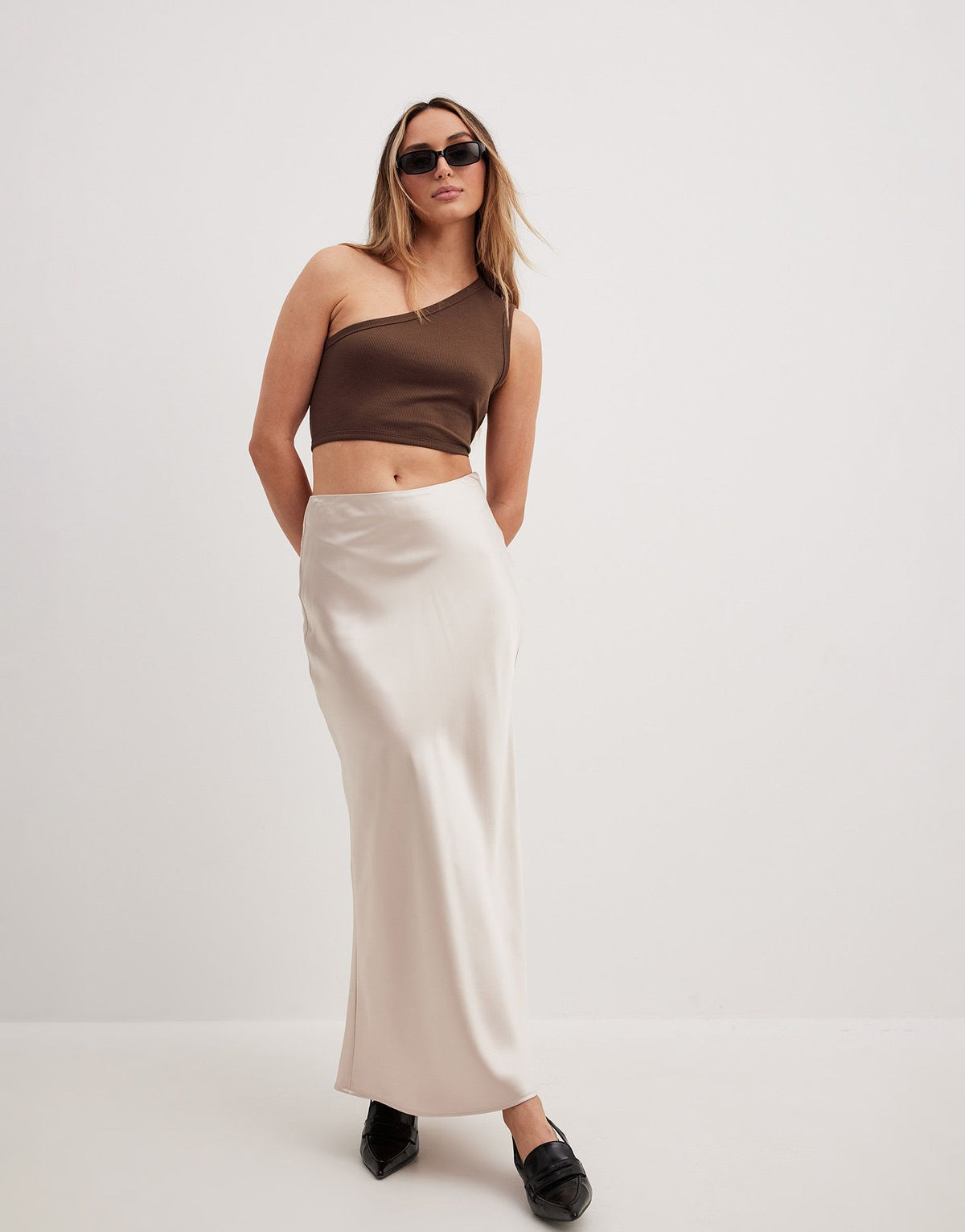NA-KD one shoulder top with open back in brown - ASOS Sample Sale