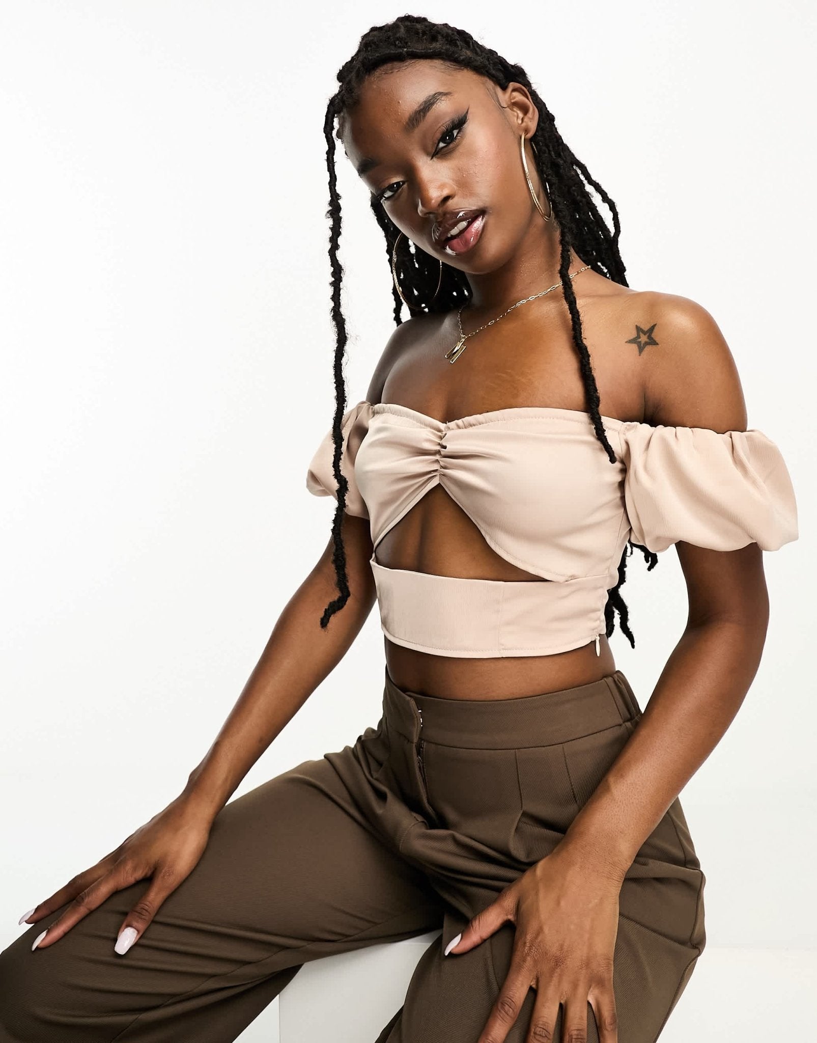 NaaNaa satin bardot crop top with puff sleeves in champagne - ASOS Sample Sale