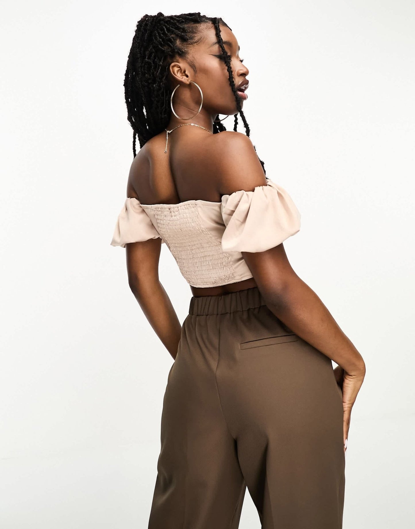 NaaNaa satin bardot crop top with puff sleeves in champagne - ASOS Sample Sale