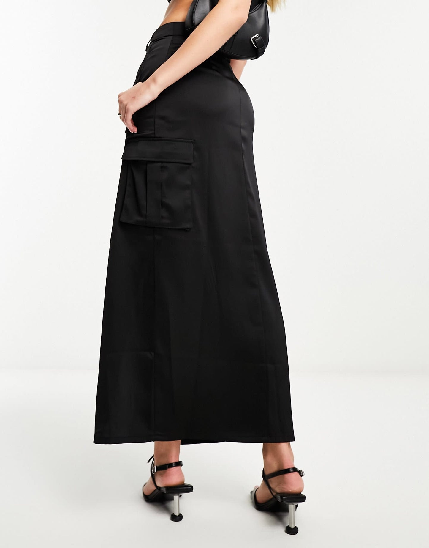 NaaNaa satin midi skirt with cargo pockets in black - ASOS Sample Sale