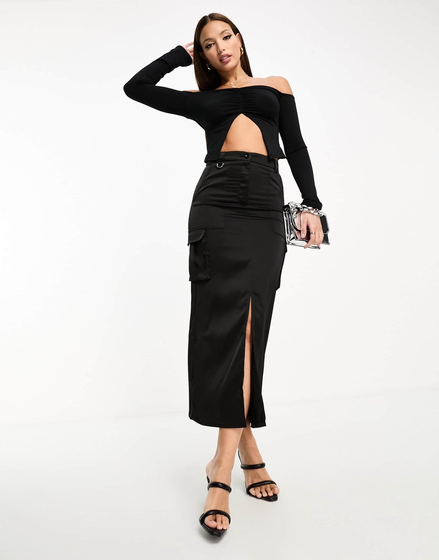 NaaNaa Tall satin midi skirt with cargo pockets in black - ASOS Sample Sale