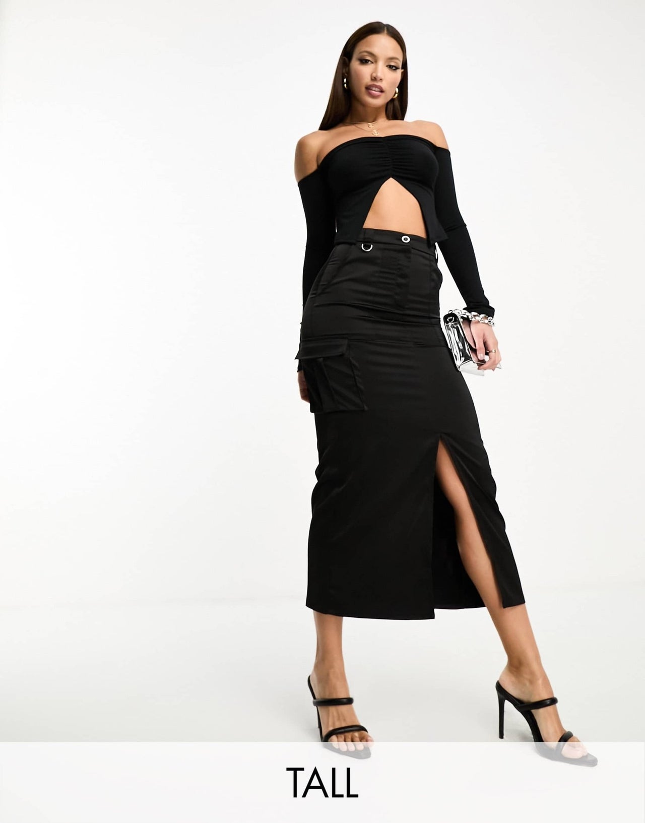 NaaNaa Tall satin midi skirt with cargo pockets in black - ASOS Sample Sale