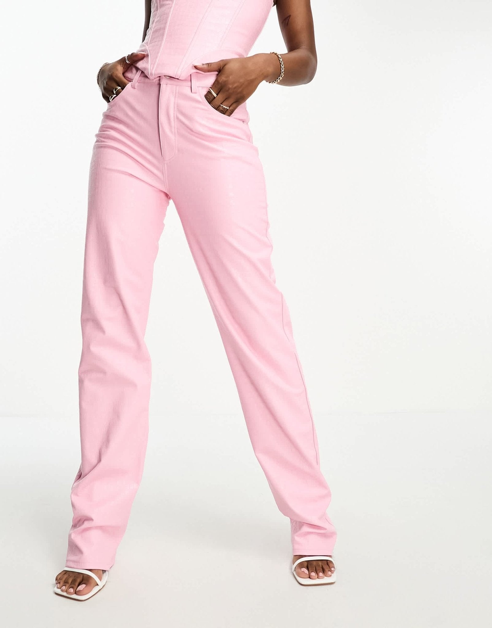 Naked Wardrobe leather look straight leg trousers in pink croc effect - ASOS Sample Sale