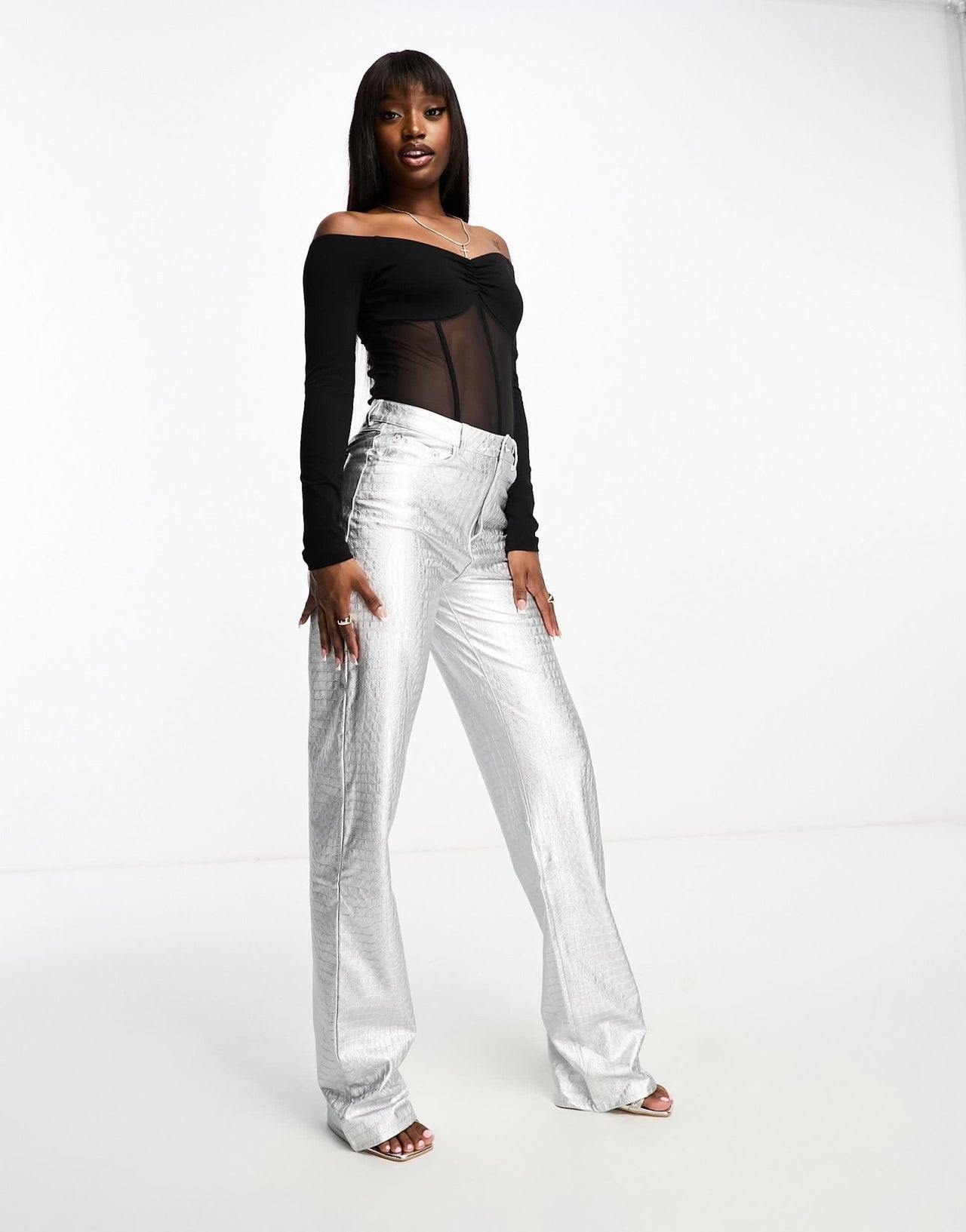 Naked Wardrobe leather look wide leg trouser in silver croc - ASOS Sample Sale