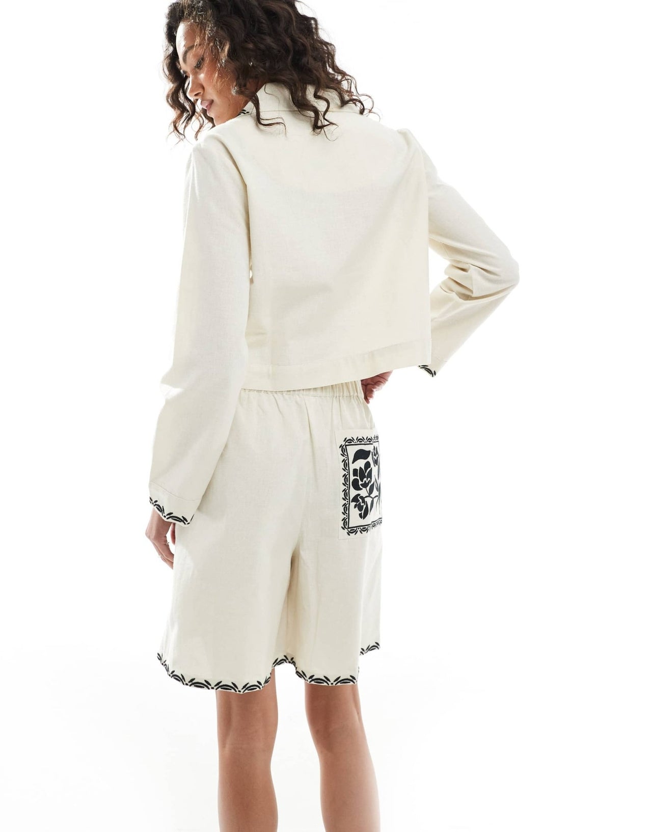 Native Youth embroidered edge linen short co-ord in stone - ASOS Sample Sale