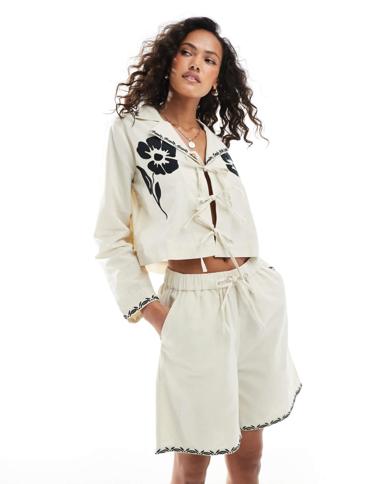Native Youth embroidered edge linen short co-ord in stone - ASOS Sample Sale