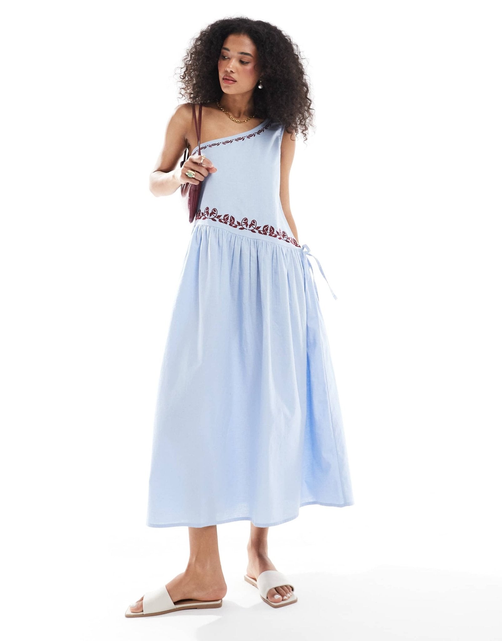 Native Youth embroidered one shoulder linen midaxi dress in sea blue - ASOS Sample Sale
