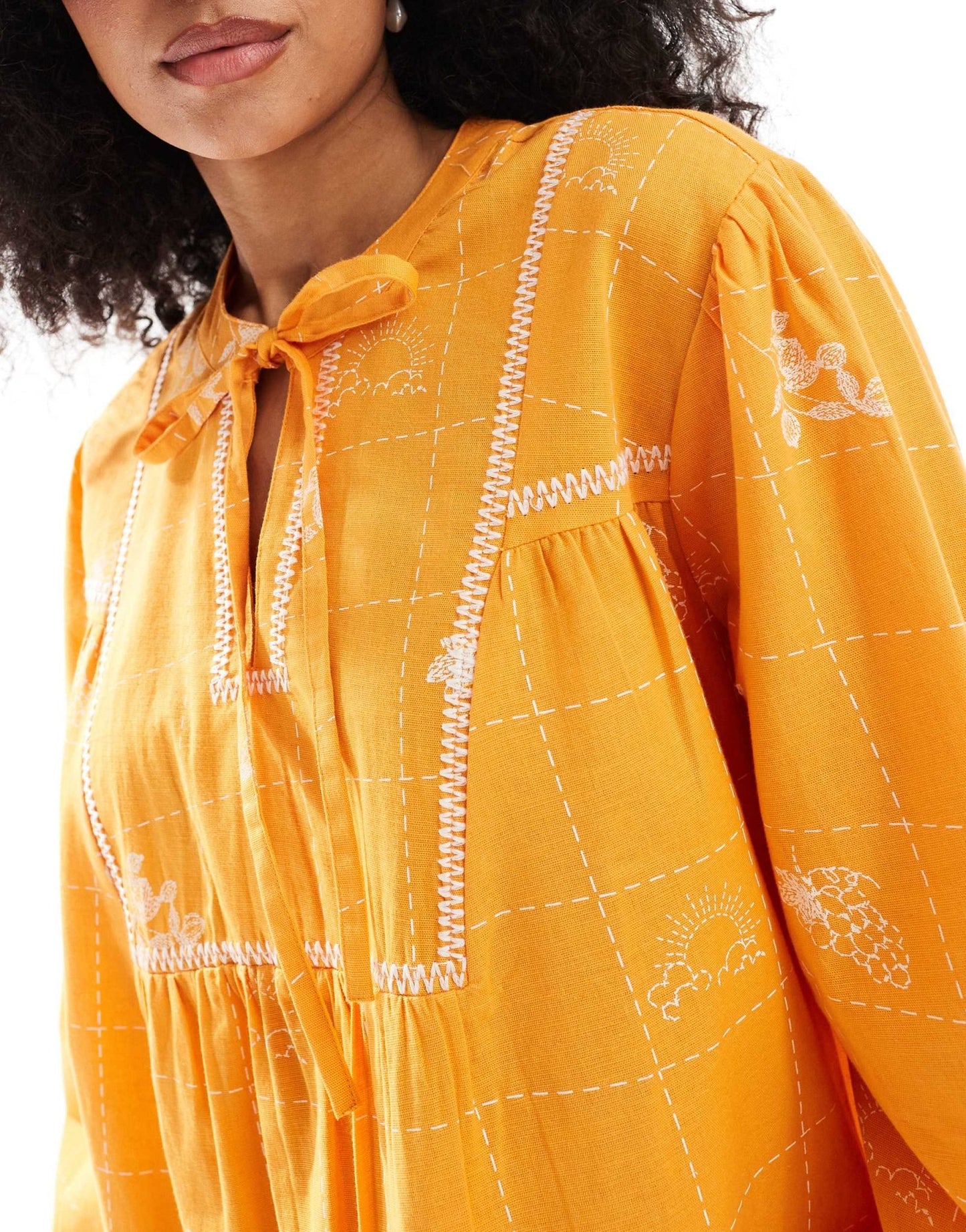 Native Youth embroidered puff sleeve mini smock dress in orange - ASOS Sample Sale