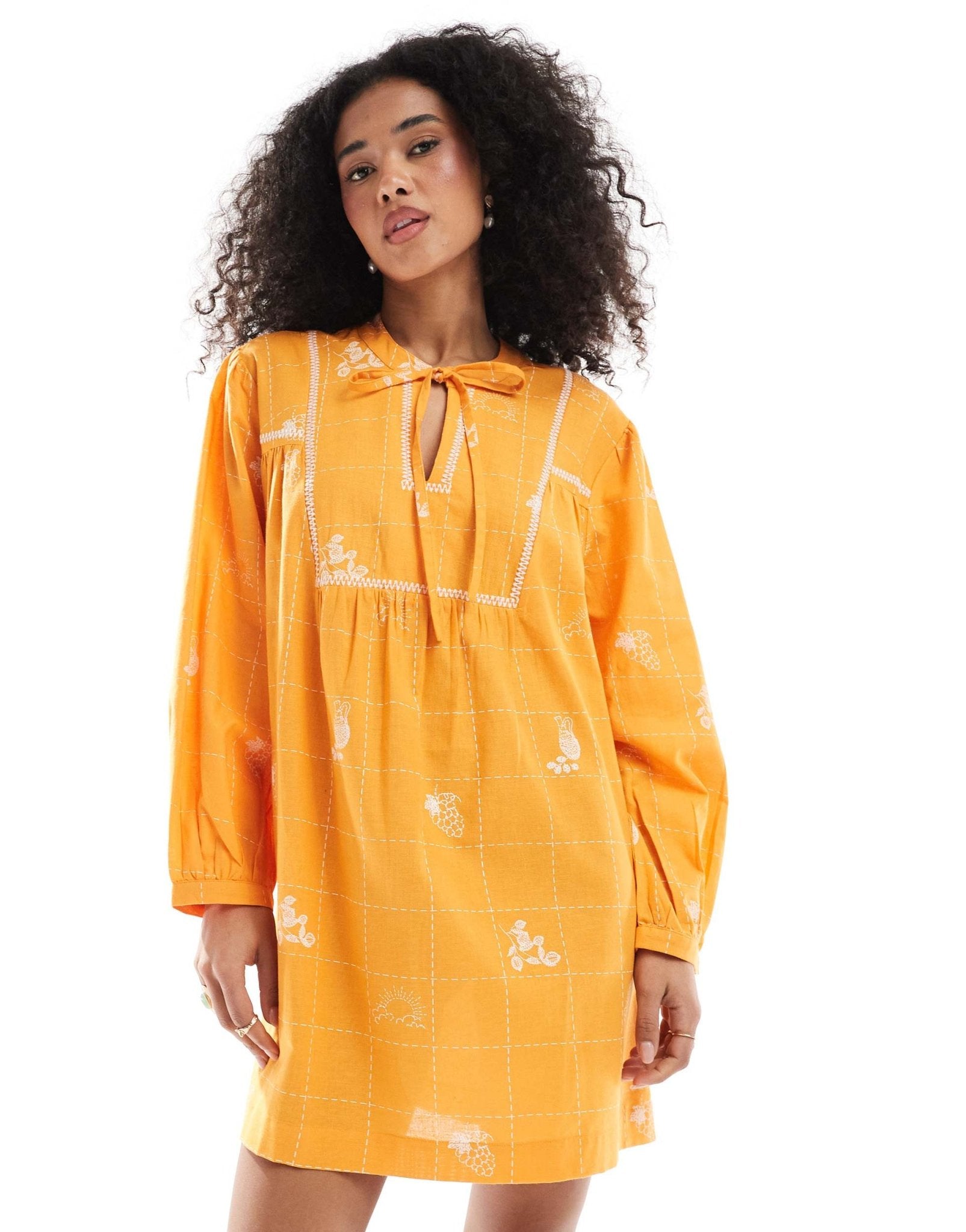 Native Youth embroidered puff sleeve mini smock dress in orange - ASOS Sample Sale