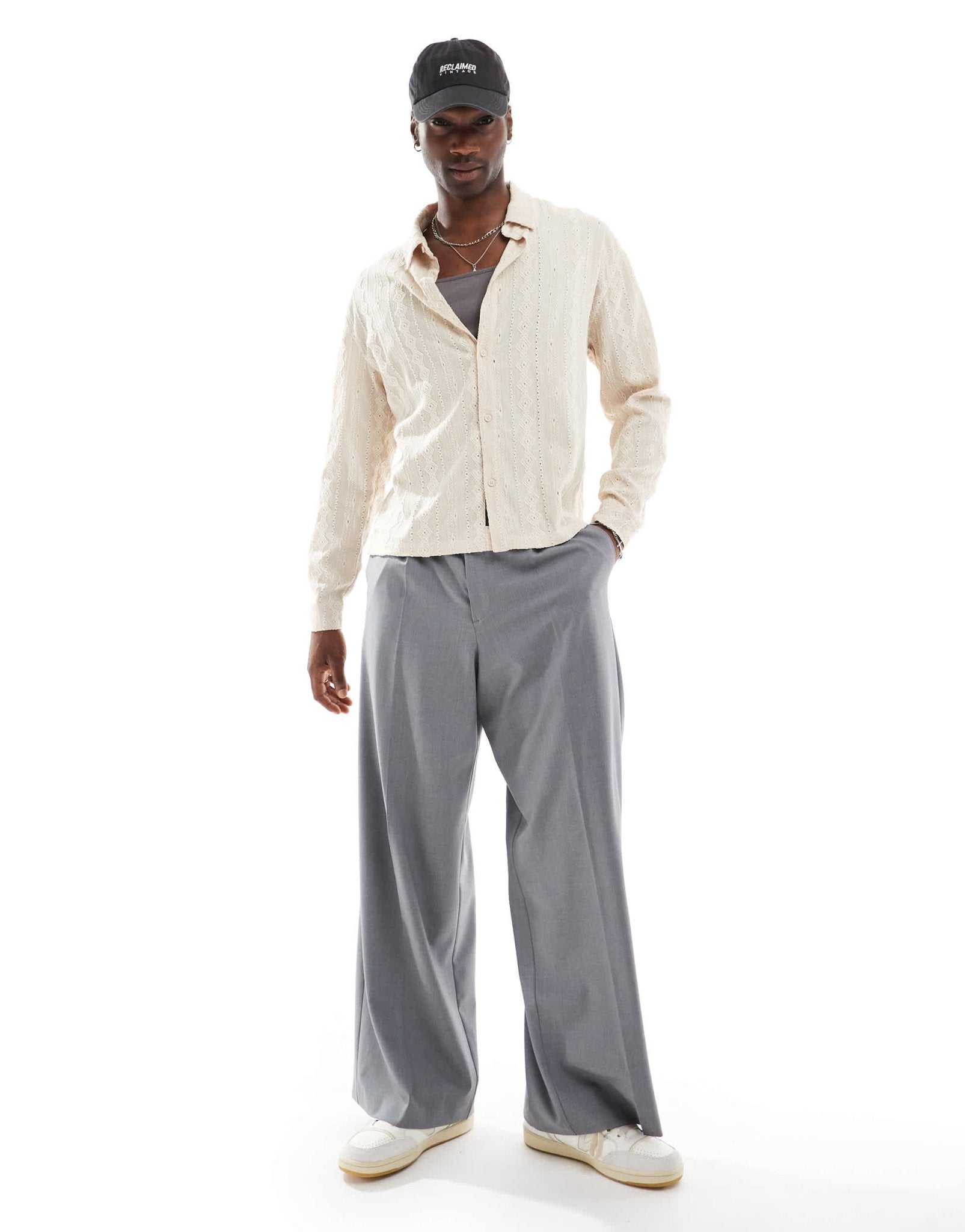 Native Youth jacquard diamond stripe shirt in cream - ASOS Sample Sale