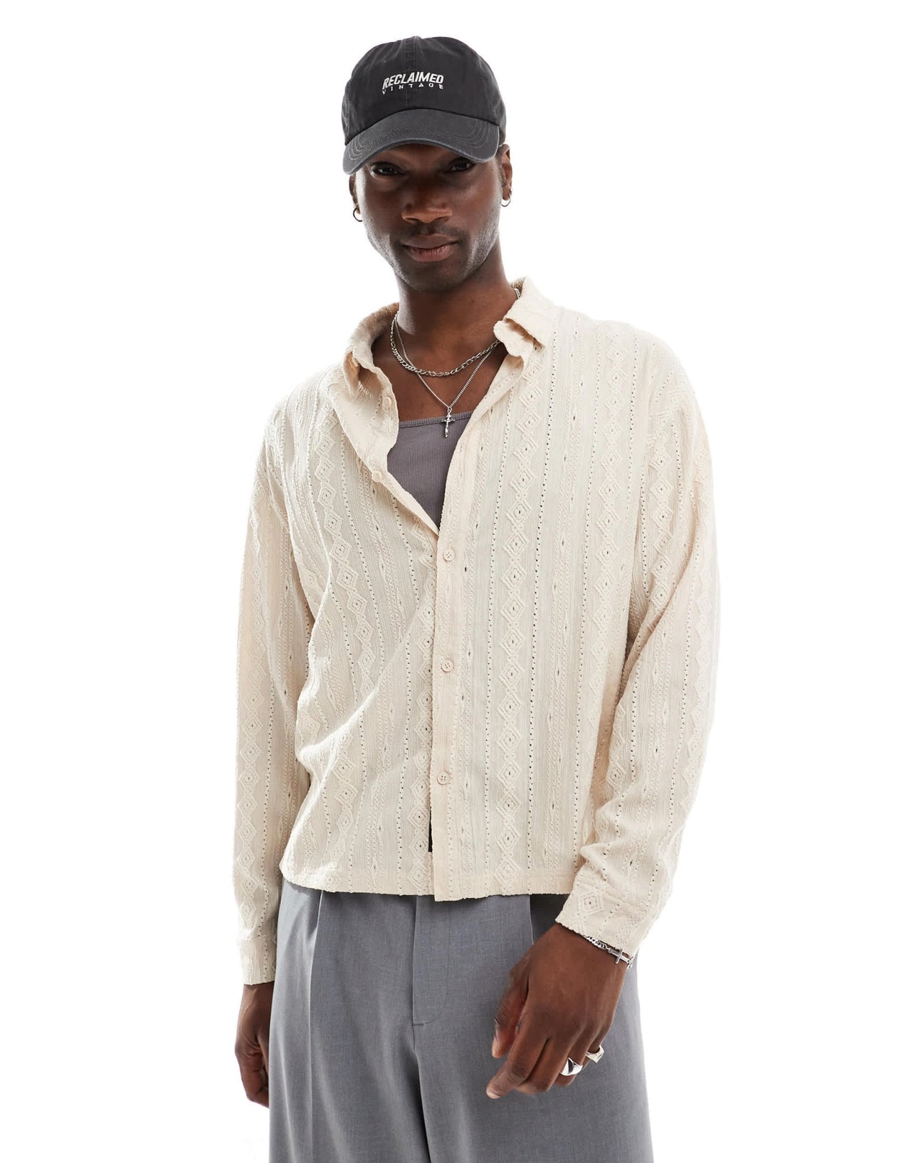 Native Youth jacquard diamond stripe shirt in cream - ASOS Sample Sale