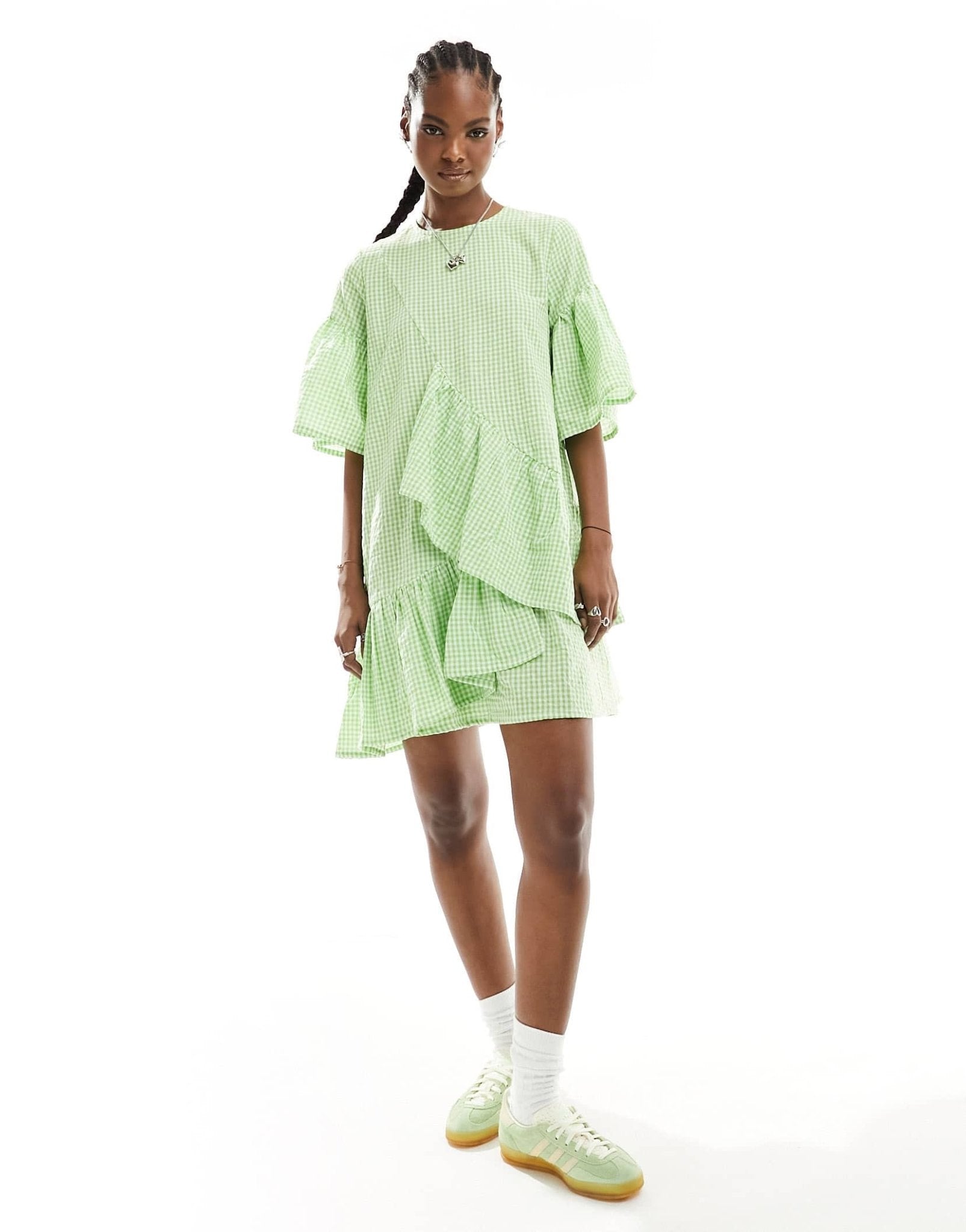 Native Youth ruffle detail gingham mini smock dress in green - ASOS Sample Sale