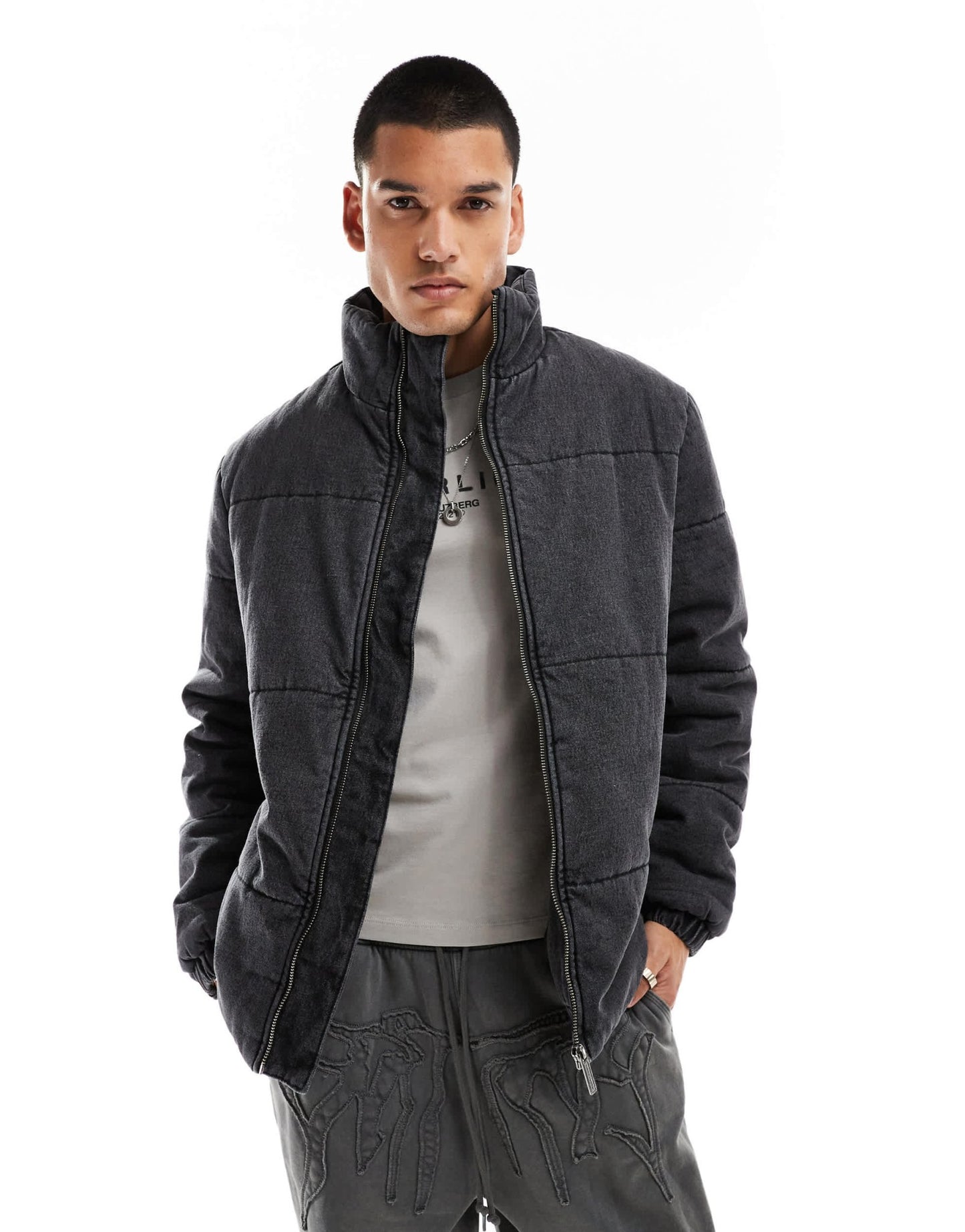 Native Youth stone washed denim puffer jacket in black - ASOS Sample Sale