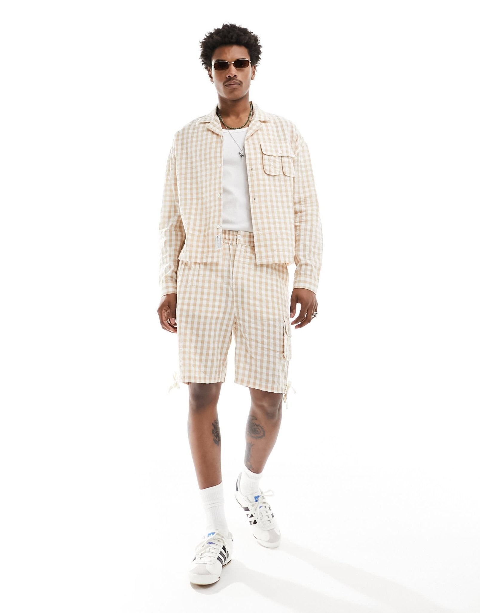 Native Youth textured check shorts in light beige - ASOS Sample Sale