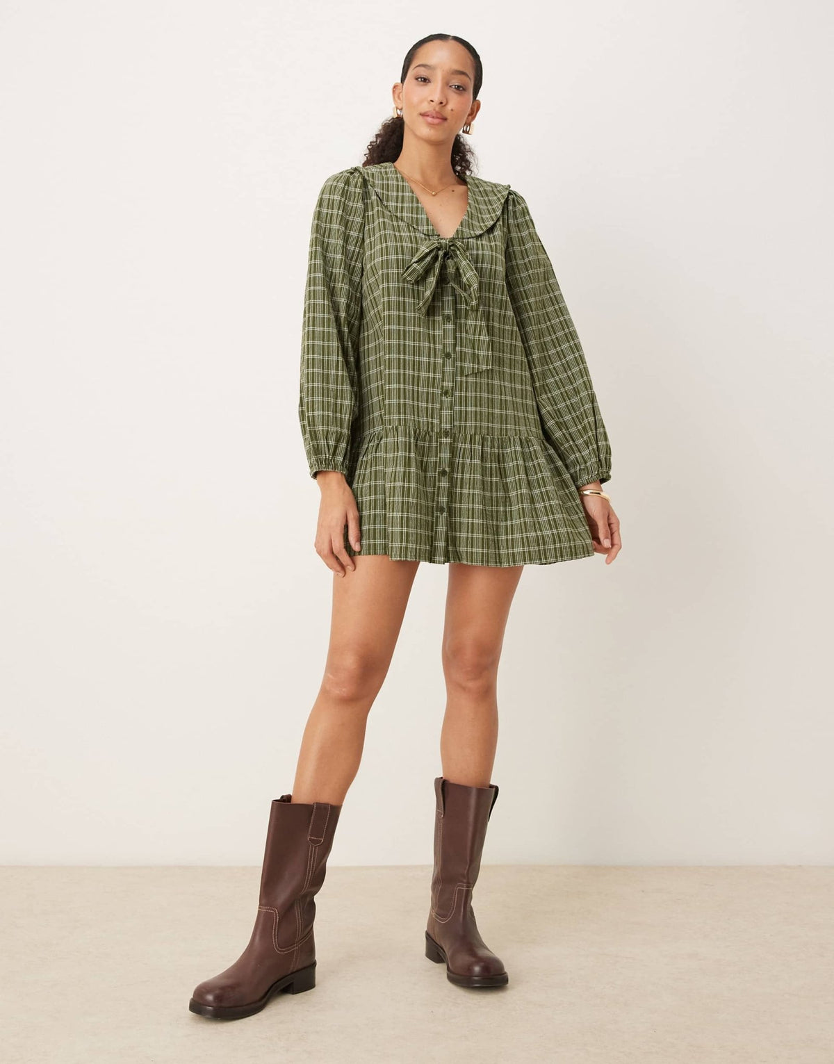 Neon Rose bow detail check mini smock dress in green - ASOS Sample Sale