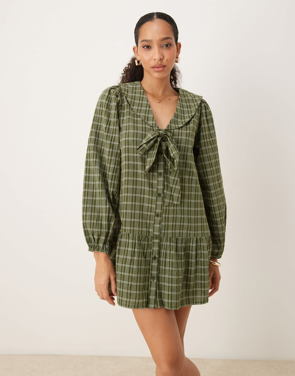 Neon Rose bow detail check mini smock dress in green - ASOS Sample Sale
